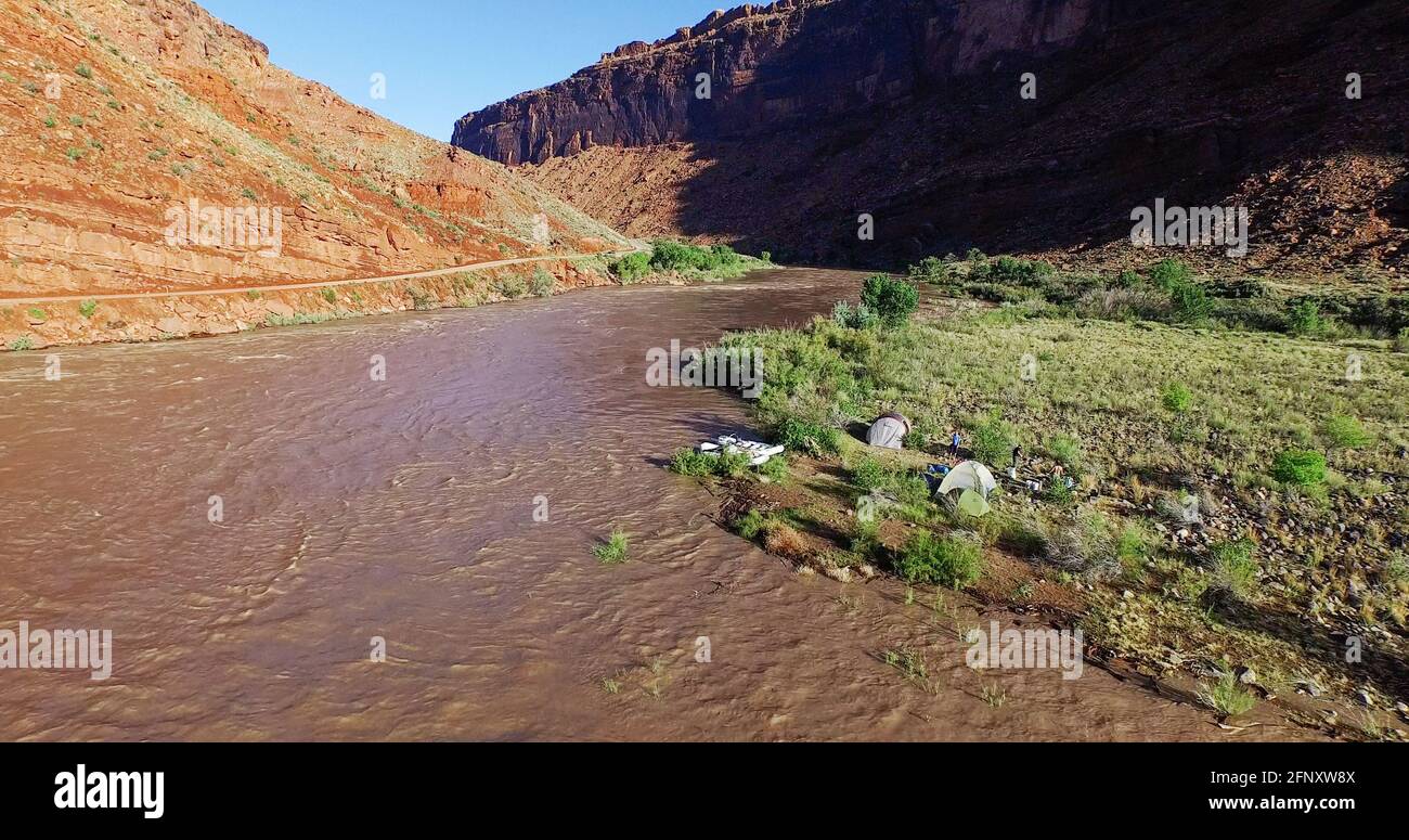 Aerial of campers at the edge of the Colorado River, near Moab, Utah, USA Stock Photo