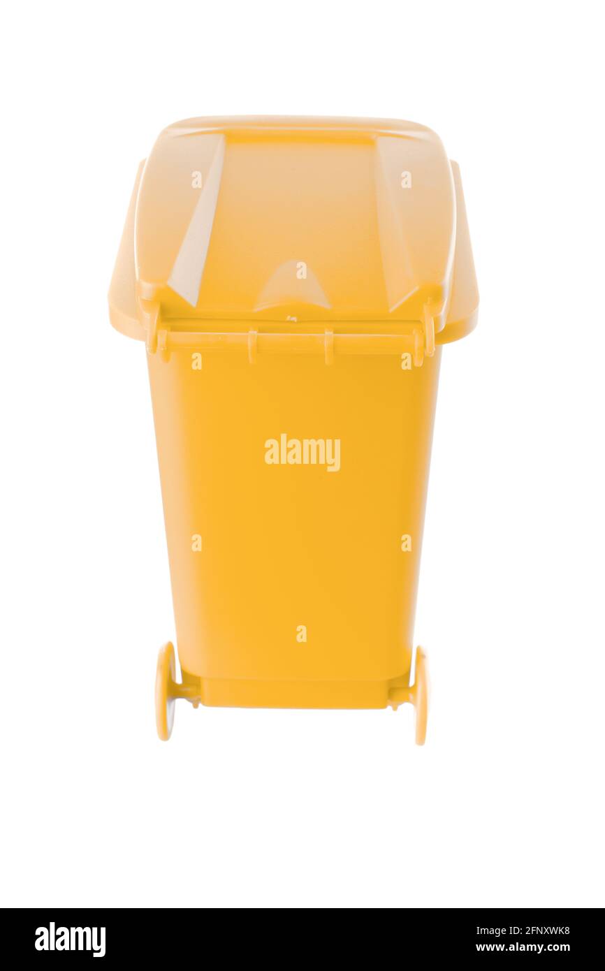 Plastic yellow trash can isolated on white background Stock Photo Alamy