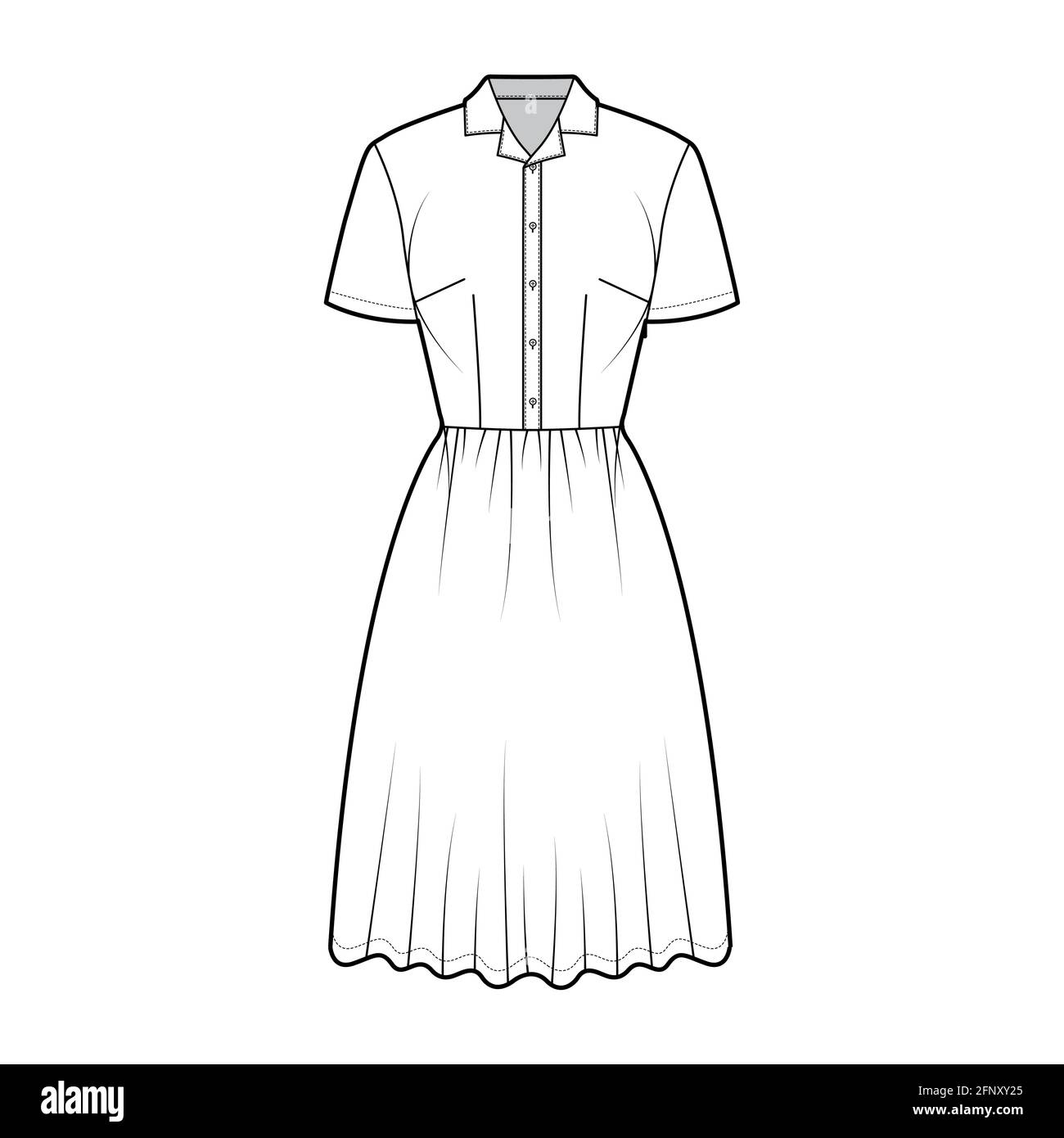 Dress house shirt technical fashion illustration with short sleeves, knee length full skirt, classic henley collar. Flat apparel front, white color style. Women, men unisex CAD mockup Stock Vector