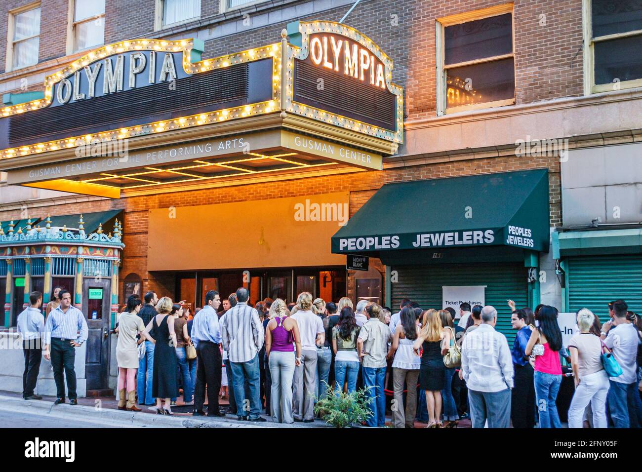 Miami Florida,Flagler Street Gusman Center for Performing Arts,Gen Art fashion show,entrance crowd line queue Olympia theater theatre marquee, Stock Photo