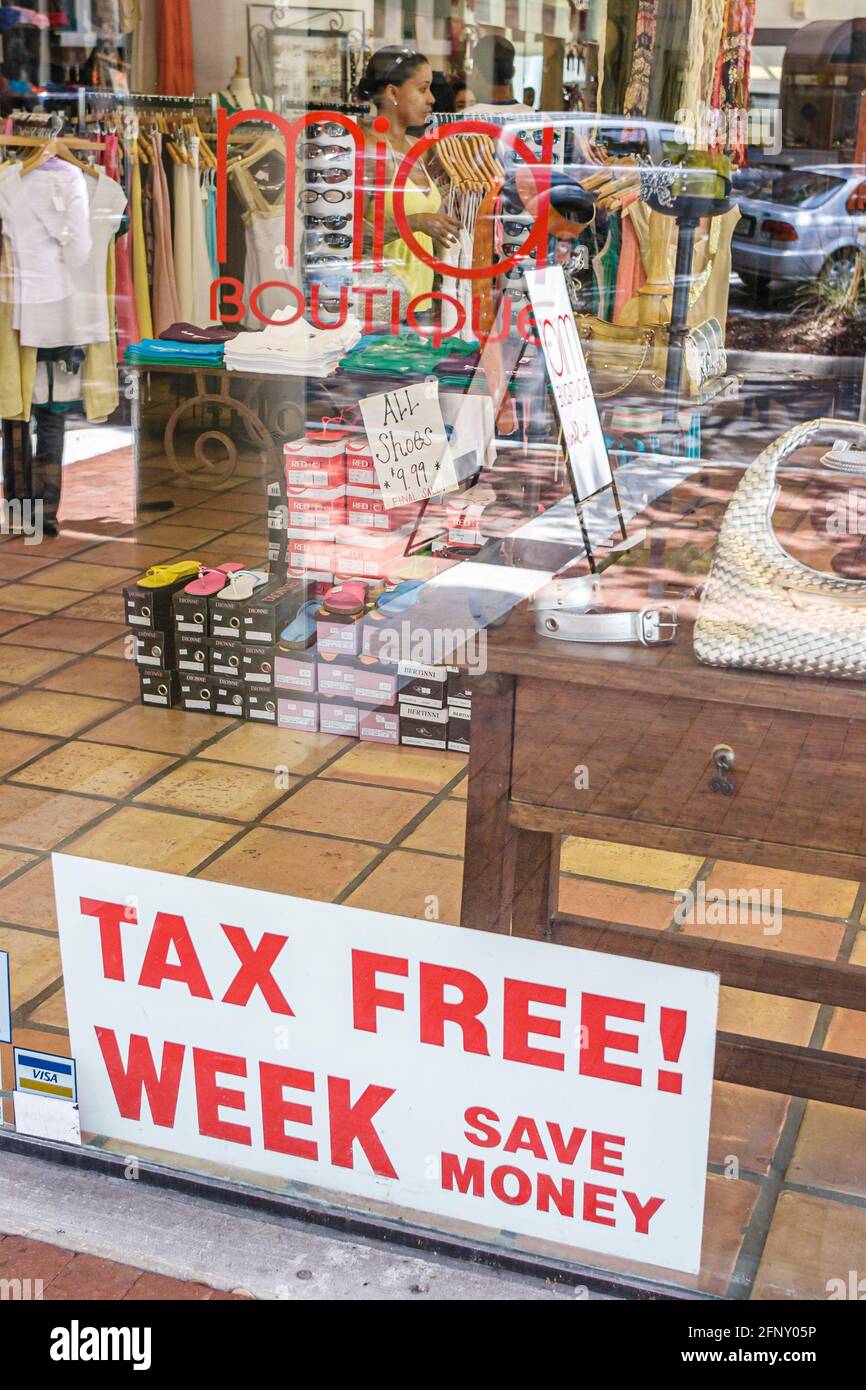 Miami Florida,Lakes Main Street,boutique store window tax free week clothing apparel,accessories school supplies sale display, Stock Photo