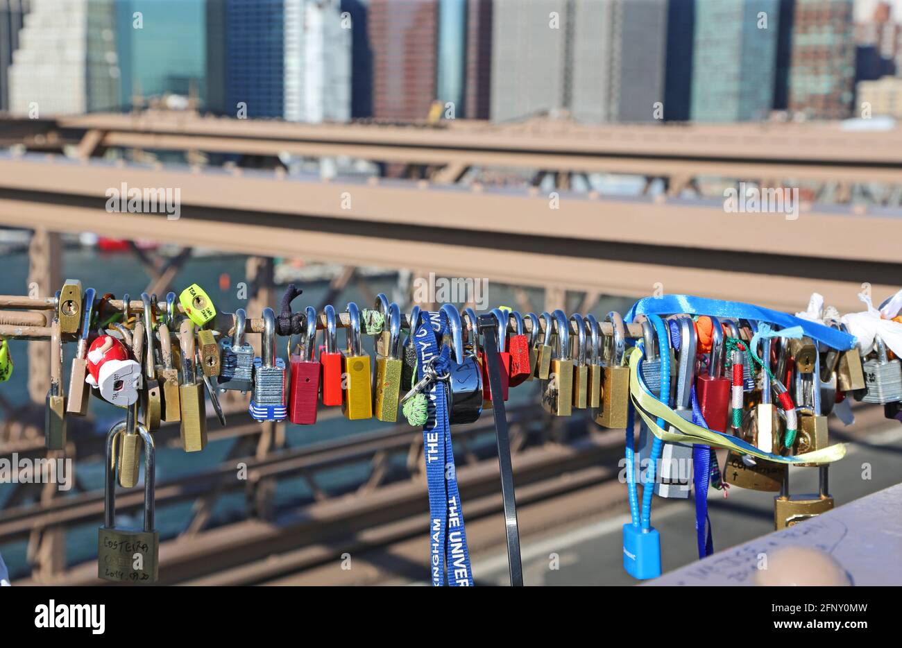Love padlocks on Brooklyn Bridge, New York Stock Photo