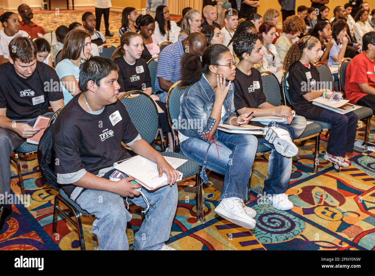 Miami Florida,Drug Free Youth In Town DFYIT Leadership Conference,teens teenage teenagers students Hispanic attending seminar sitting listening,boys g Stock Photo