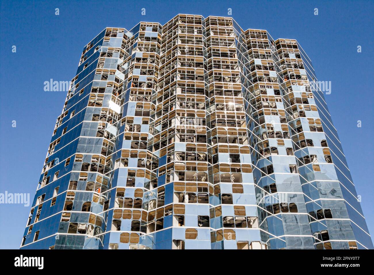 Miami Florida,Brickell Avenue high rise office building,tower windows broken damage after Hurricane Wilma, Stock Photo