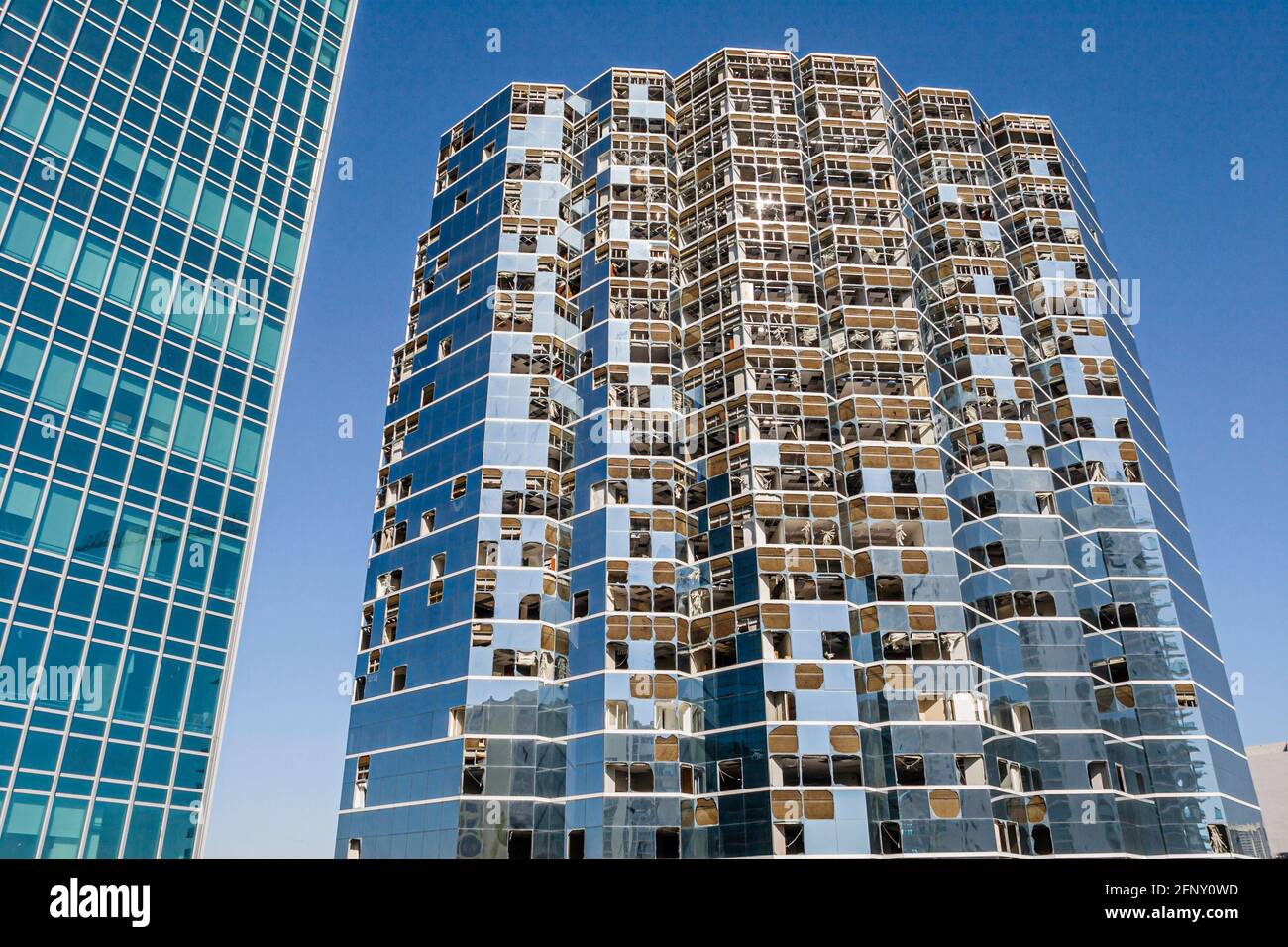 Miami Florida,Brickell Avenue high rise office building,tower windows broken damaged after Hurricane Wilma, Stock Photo