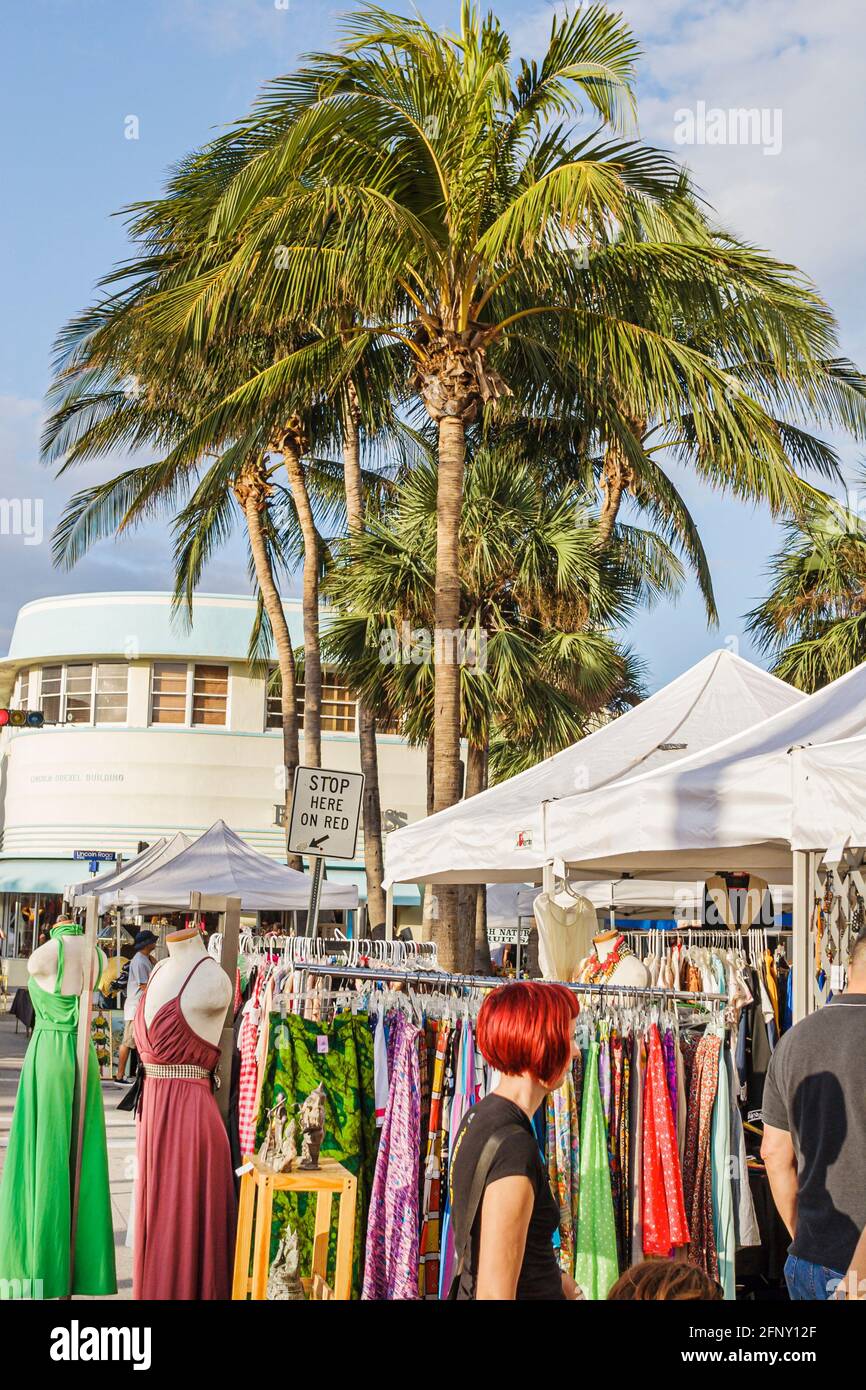 Miami Beach Florida,Lincoln Road Pedestrian Mall Sunday Flea Market,clothes clothing shopping marketplace buying selling,vendor vendors stall stalls b Stock Photo