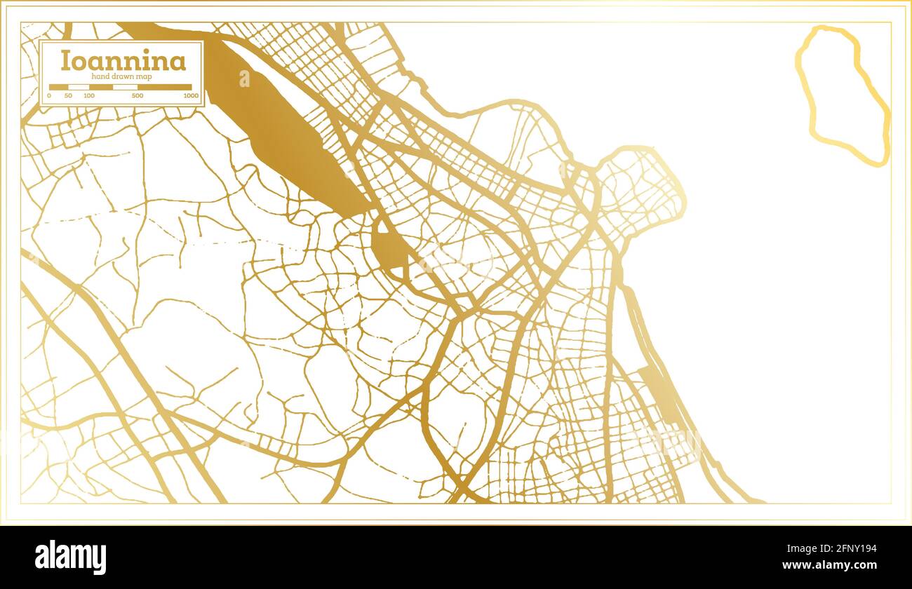 Ioannina Greece City Map in Retro Style in Golden Color. Outline Map. Vector Illustration. Stock Vector