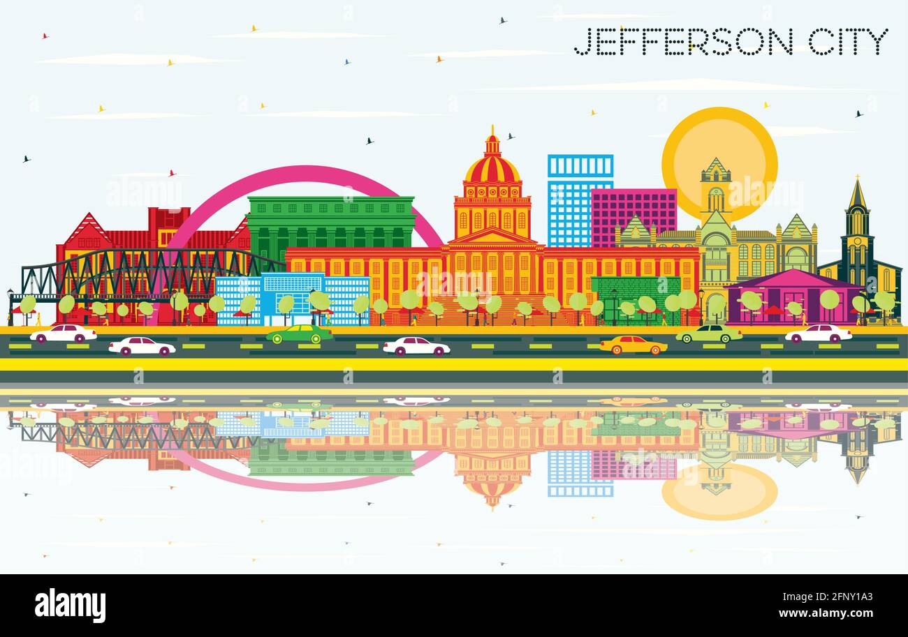 Jefferson City Missouri Skyline with Color Buildings, Blue Sky and Reflections. Vector Illustration. Travel and Tourism Concept. Stock Vector