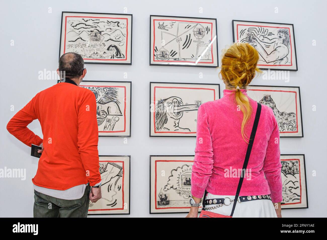 Miami Florida,Wynwood Arts & Design District,gallery Rubell Family Collection contemporary art,man woman female couple looking drawings, Stock Photo