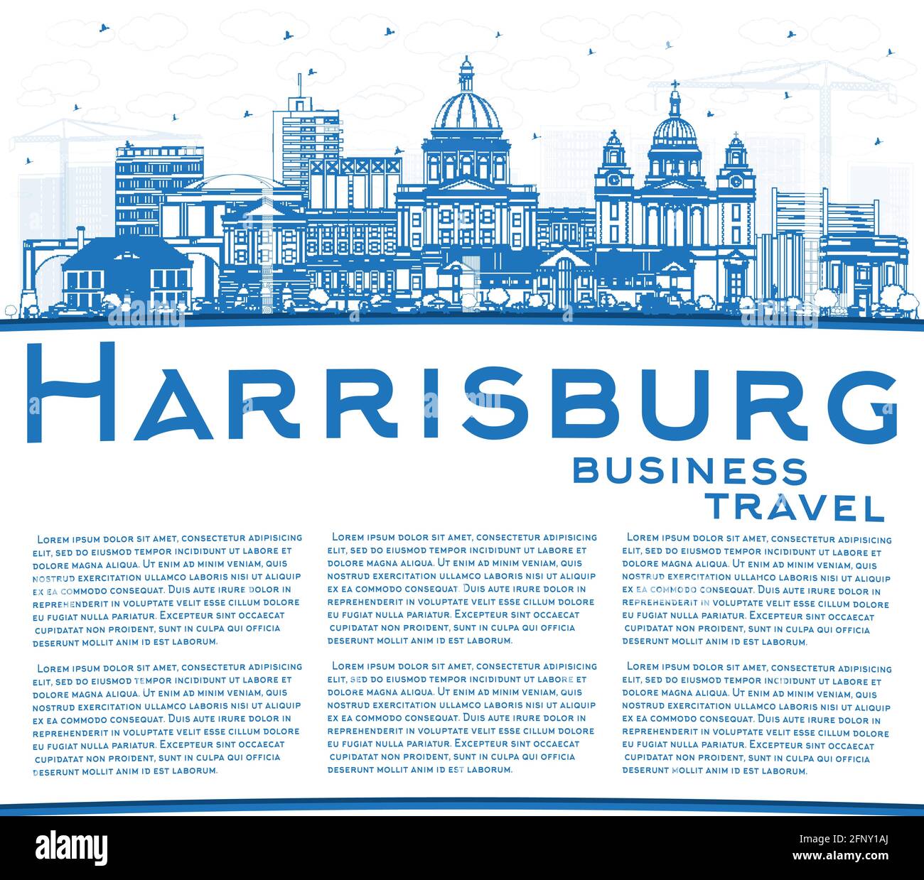 Outline Harrisburg Pennsylvania City Skyline with Blue Buildings and