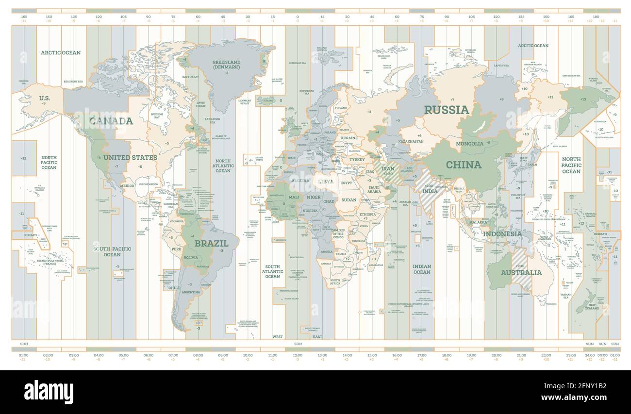 World Time Zones Map. Detailed World Map with Countries Names. Vector Illustration. Stock Vector