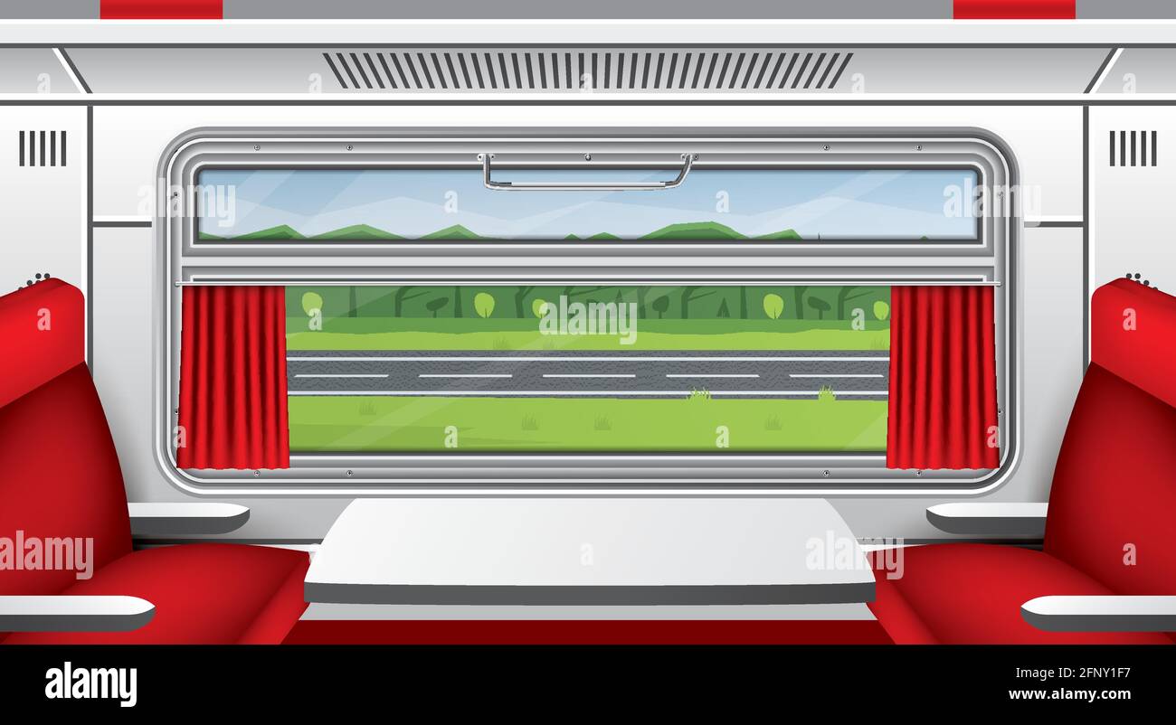 Interior of Train Wagon with Window, Red Curtains and Seats with Table. Road with Trees. Train Travel. Comfortable Voyage. Vector Illustration. Stock Vector