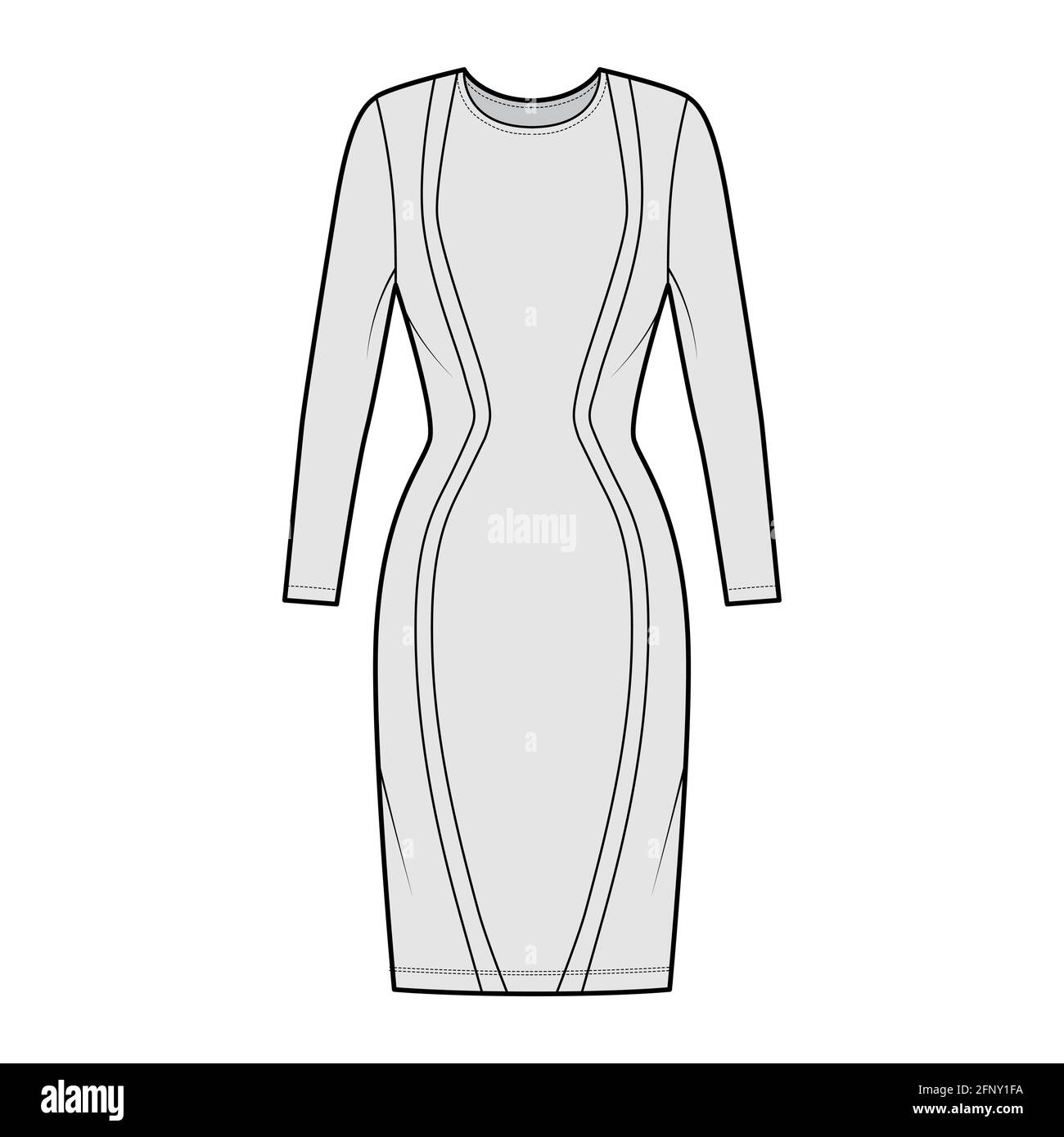 Dress panel technical fashion illustration with hourglass silhouette, long  sleeves, fitted body, knee length pencil skirt. Flat apparel front, grey  color style. Women, men unisex CAD mockup Stock Vector Image & Art -