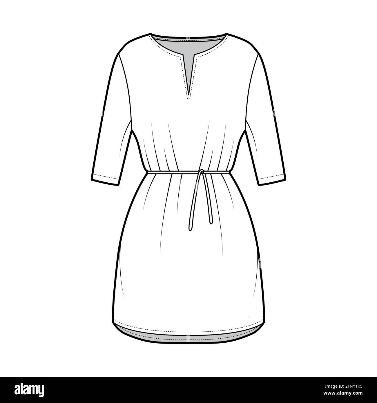Dress tunic technical fashion illustration with tie, elbow sleeves, oversized body, mini length skirt, slashed neck. Flat apparel front, white color style. Women, men CAD mockup Stock Vector