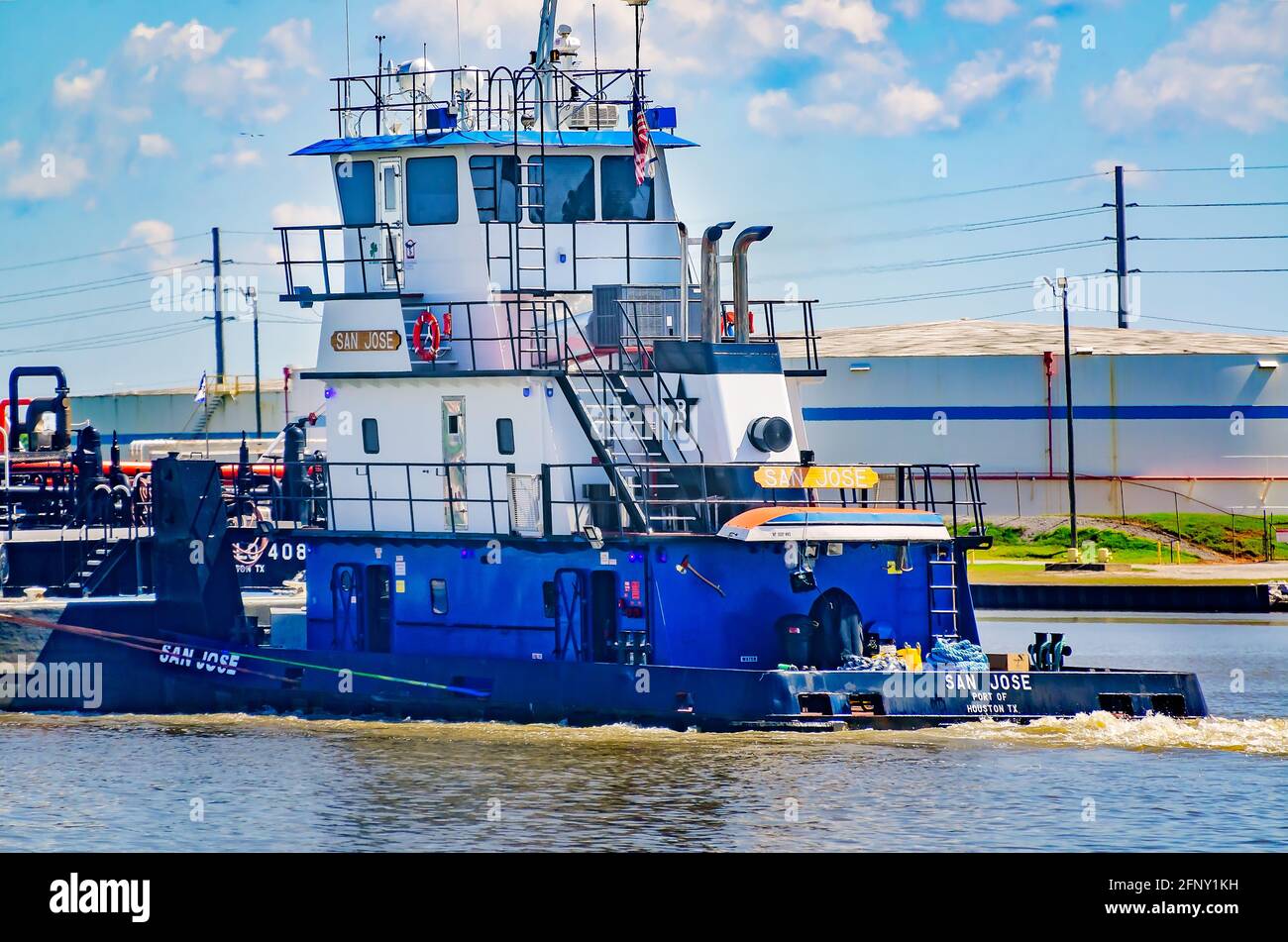 The San Jose tugboat, owned by Buffalo Marine Service, pushes a tank barge on the Mobile River, May 14, 2021, in Mobile, Alabama. Stock Photo