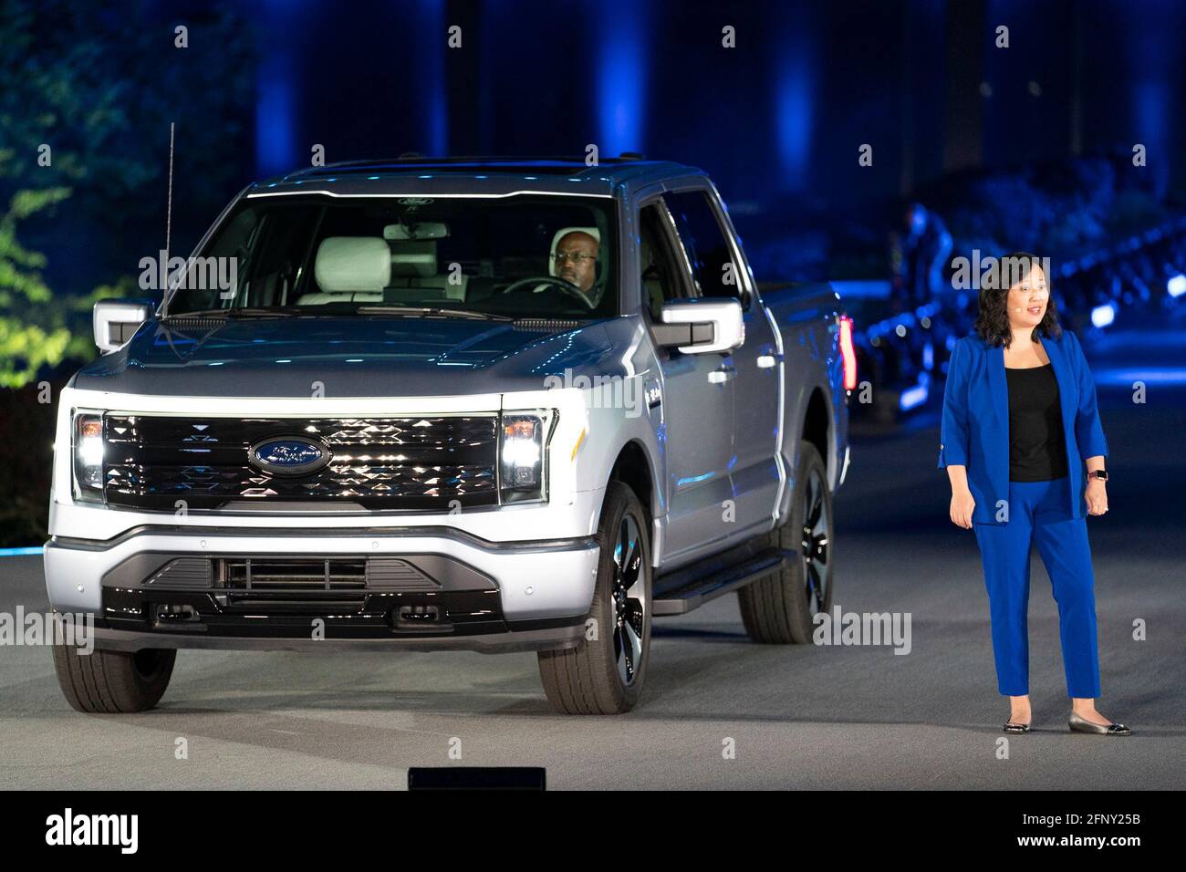Ford F150 Lightning chief engineer Linda Zhang speaks at an event to