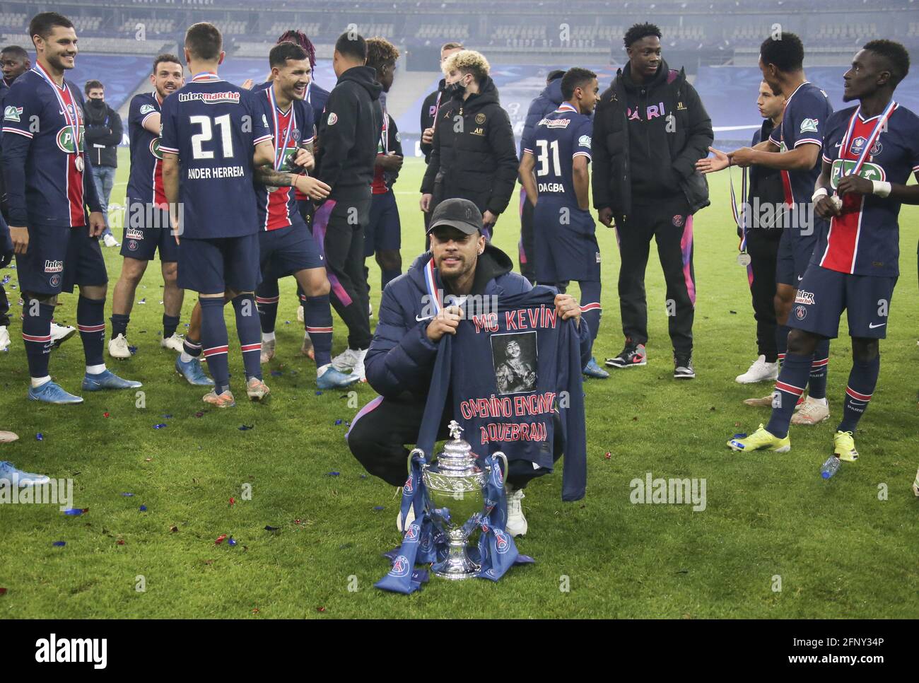 Neymar Jr of PSG celebrates the victory following the French Cup Final  football match between AS Monaco (ASM) and Paris Saint-Germain PSG on May  19, 2021 at Stade de France in Saint-Denis