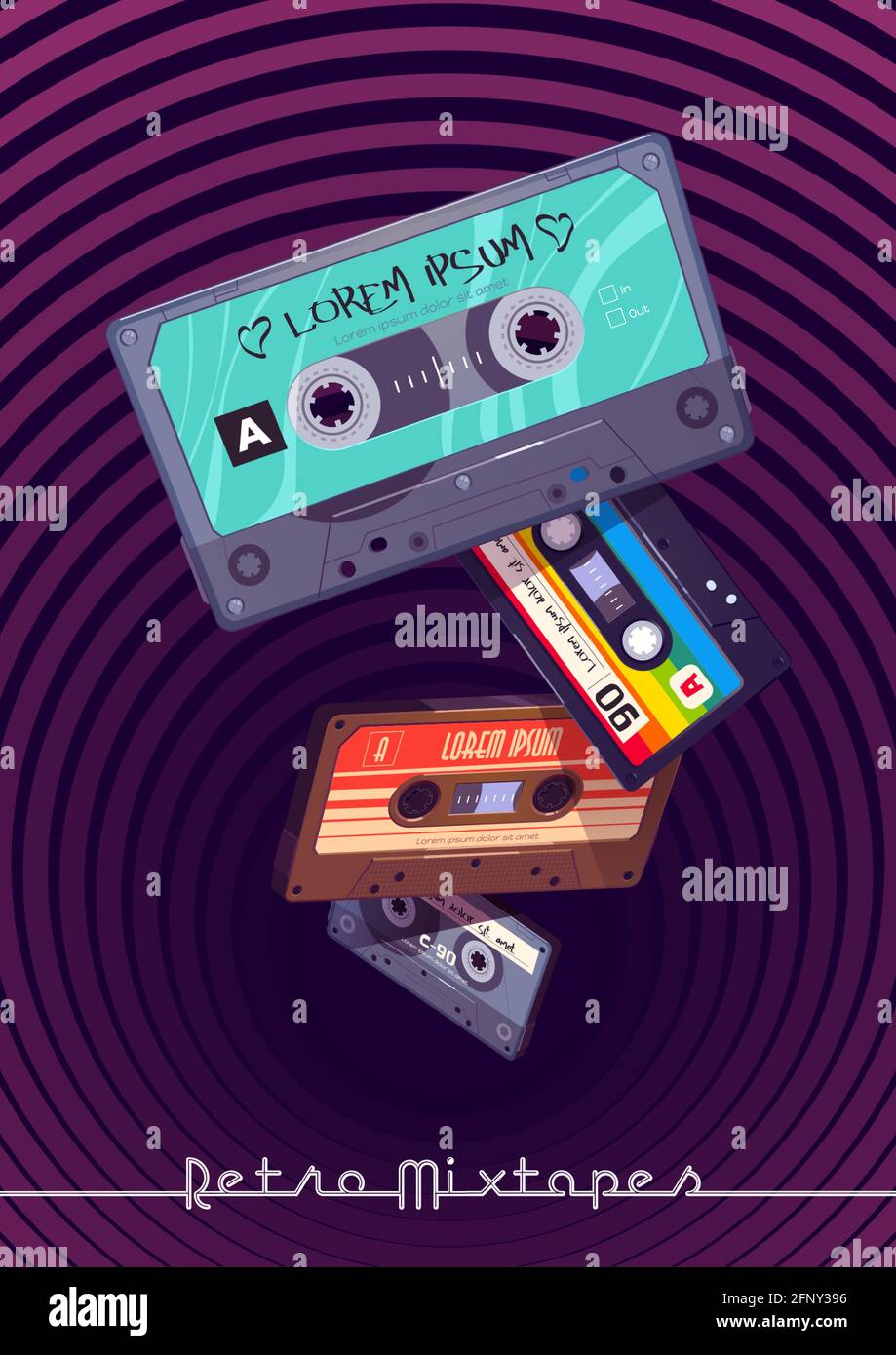 Retro mixtapes cartoon poster with audio mix tapes falling into deep hole with hypnotic pattern. Cassettes, media or music store ad in vintage style, analog multimedia devices, Vector illustration Stock Vector