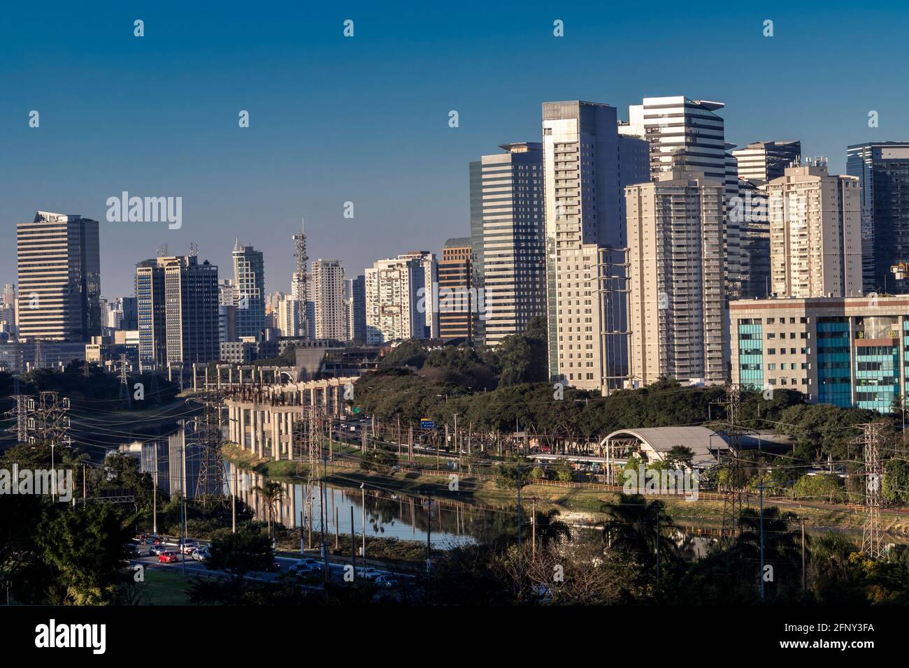 City skyline, with Marginal Avenue and Pinheiros River in the foreground, in the south zone of Sao Paulo, Brazil Stock Photo