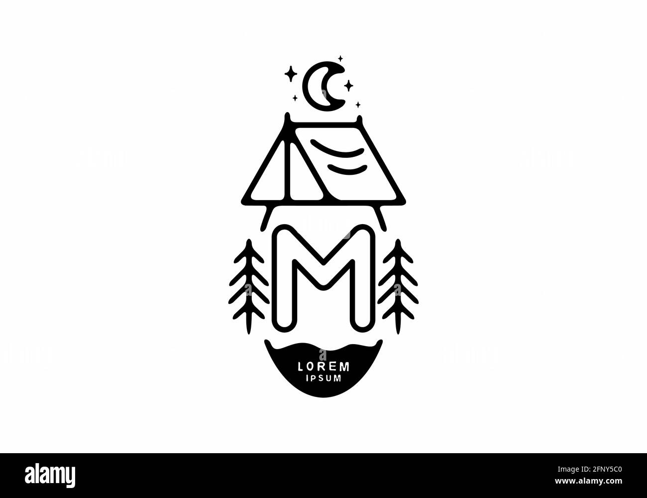 Black line art illustration of camping tent badge with M letter design Stock Vector