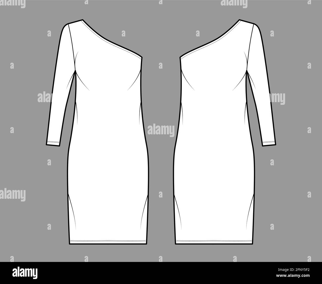 Dress one shoulder technical fashion illustration with long sleeve, oversized body, knee length pencil skirt. Flat apparel front, back, white color style. Women, men unisex CAD mockup Stock Vector