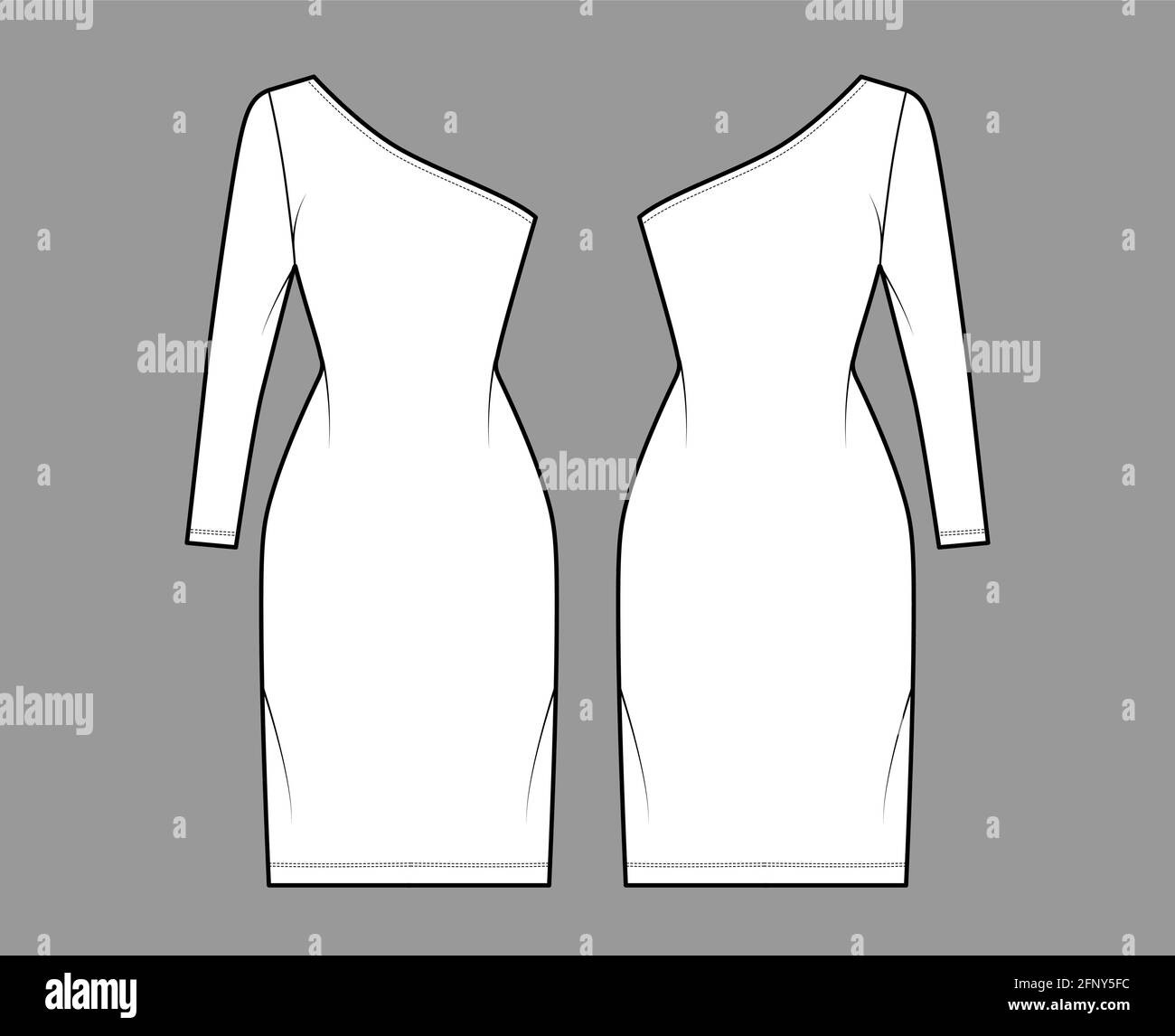 Dress one shoulder technical fashion illustration with long sleeve, fitted body, knee length pencil skirt. Flat apparel front, back, white color style. Women, men unisex CAD mockup Stock Vector