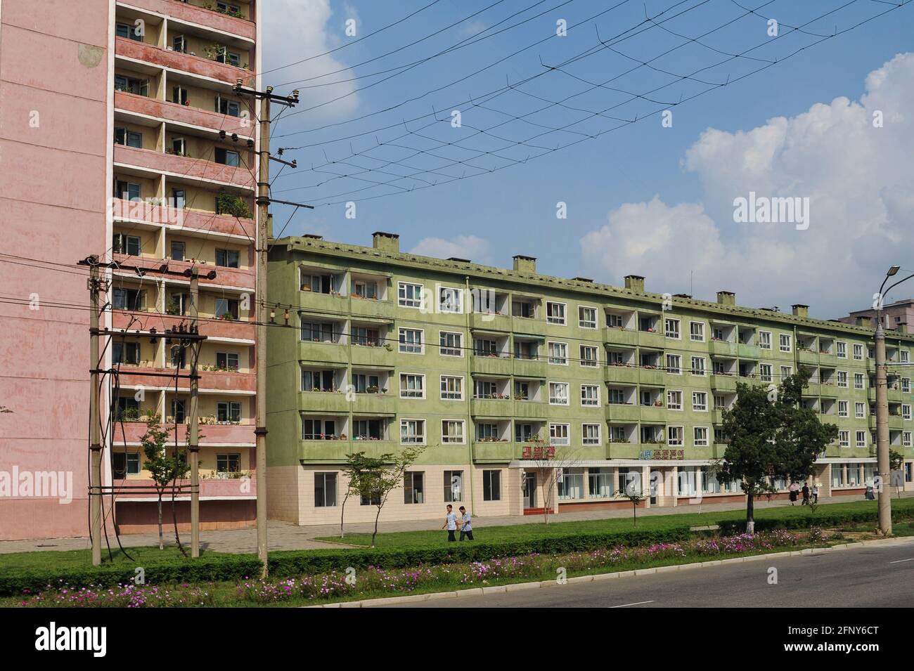 08.08.2012, Pyongyang, North Korea, Asia - Typical residential buildings in the city centre of the North Korean capital. Stock Photo