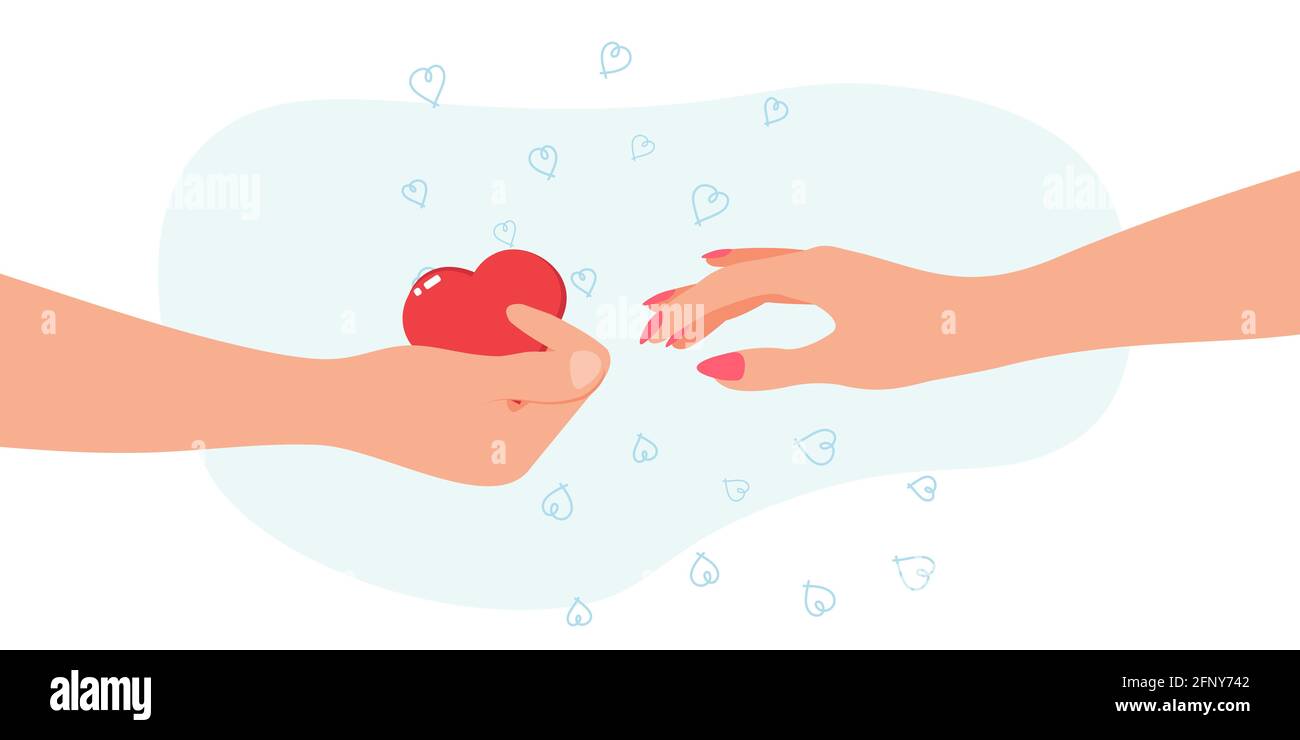 A man's hand with a heart in the palm reaches for the woman's hand. The concept of love, expression of feelings, trust. Applicable for wedding Stock Vector