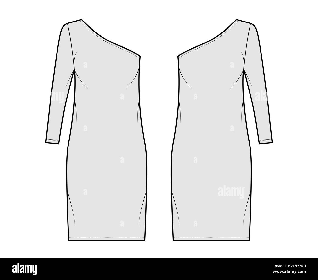 Dress one shoulder technical fashion illustration with long sleeve, oversized body, knee length pencil skirt. Flat apparel front, back, grey color style. Women, men unisex CAD mockup Stock Vector