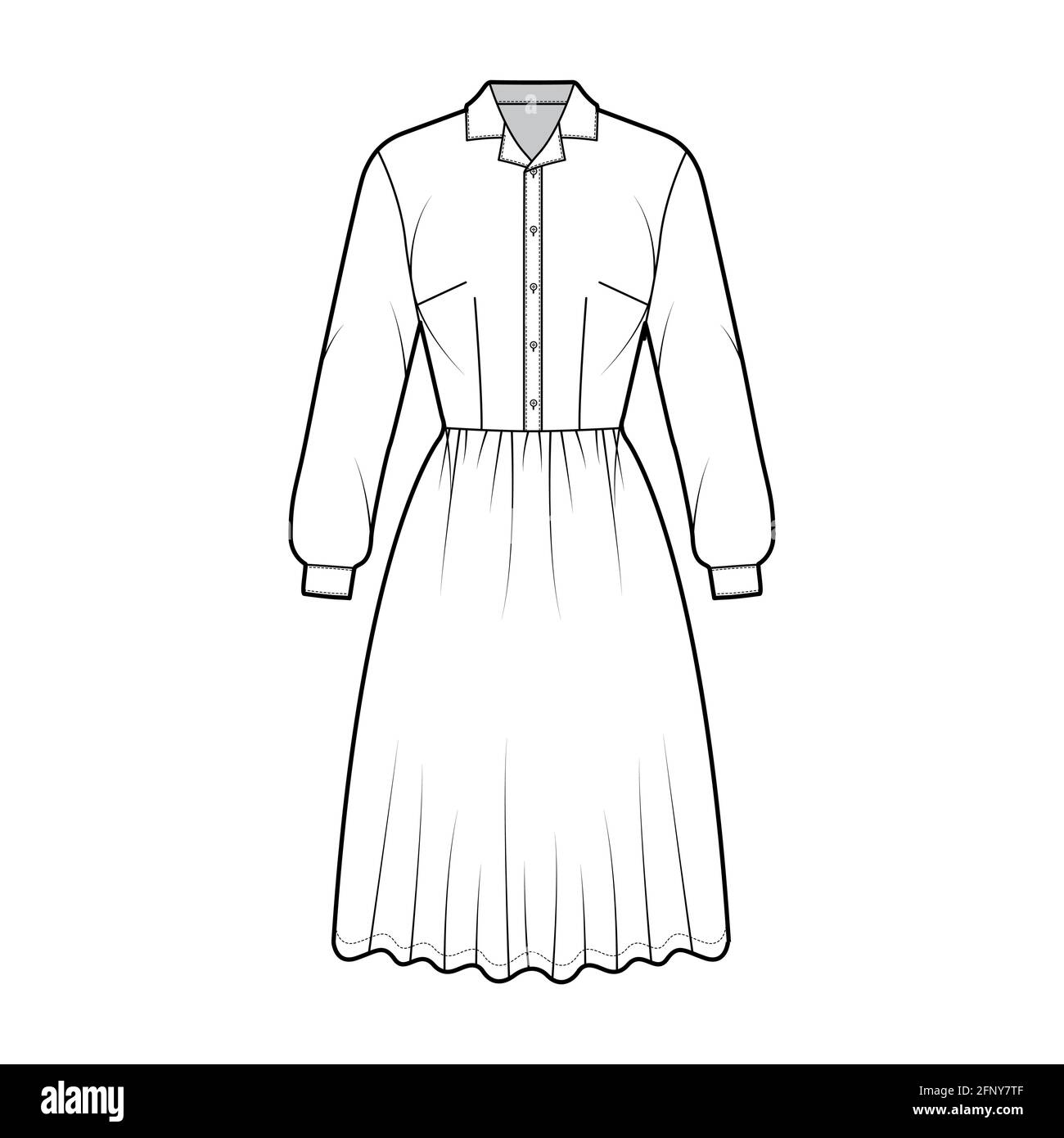 Dress house shirt technical fashion illustration with long sleeves with cuff, knee length full skirt, classic henley collar. Flat apparel front, white color style. Women, men unisex CAD mockup Stock Vector