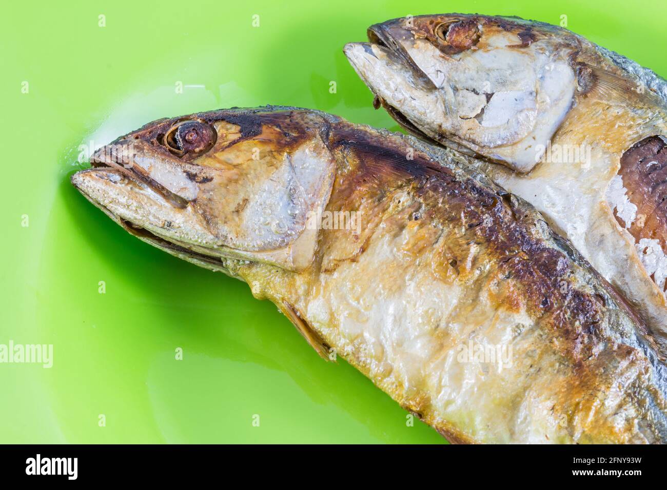 Fish fry side view/mackerel fry on green disk Stock Photo Alamy
