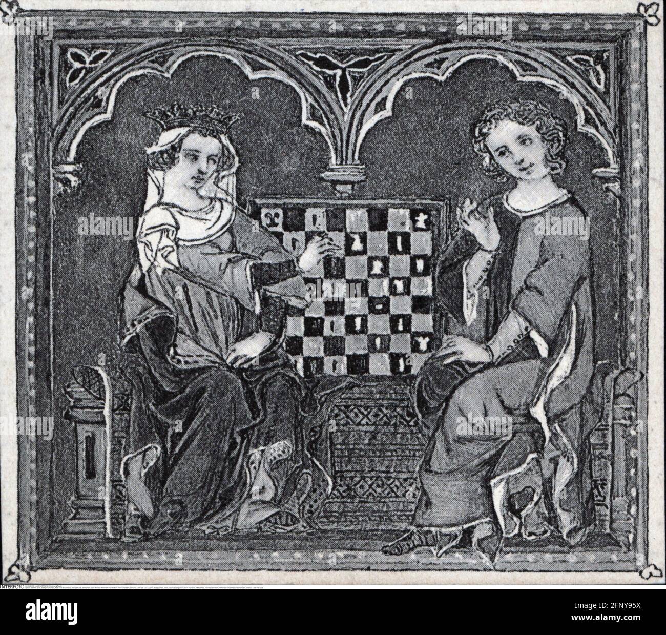 game, board games, chess, couple playing chess, wood engraving, 19th century, based on miniature, ADDITIONAL-RIGHTS-CLEARANCE-INFO-NOT-AVAILABLE Stock Photo