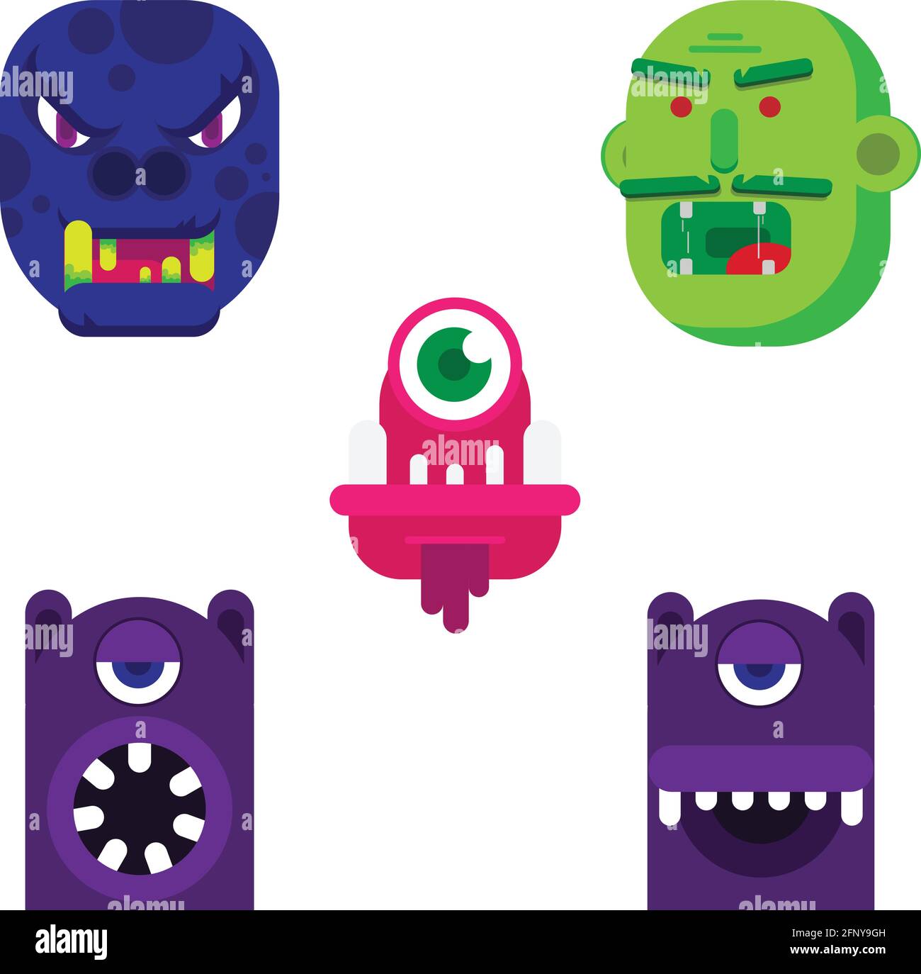 Flat design cartoon monster faces. vector illustration set of creature faces. Stock Vector