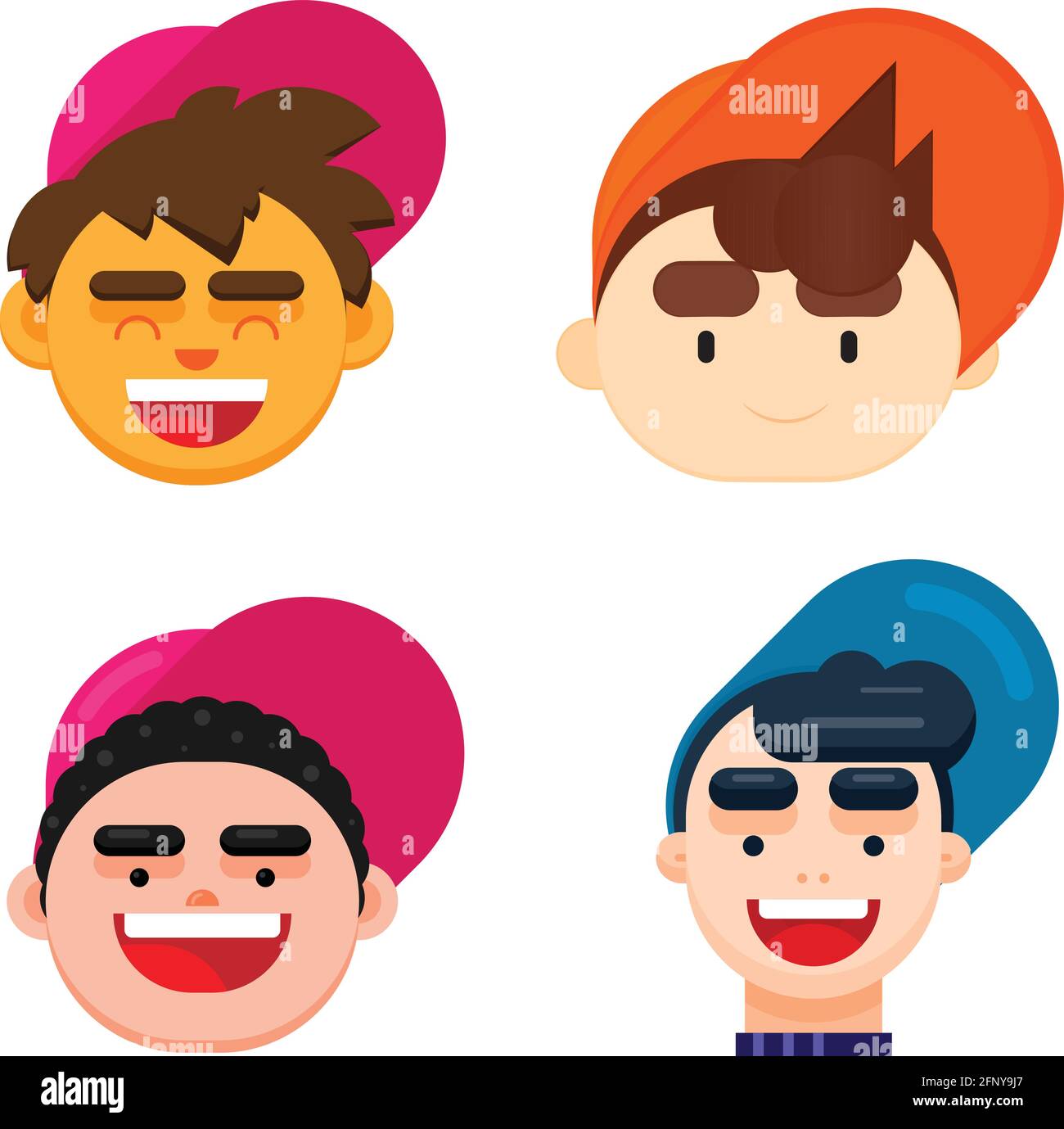 Set of four boys face. Flat Design Isolated vector illustration. Stock Vector