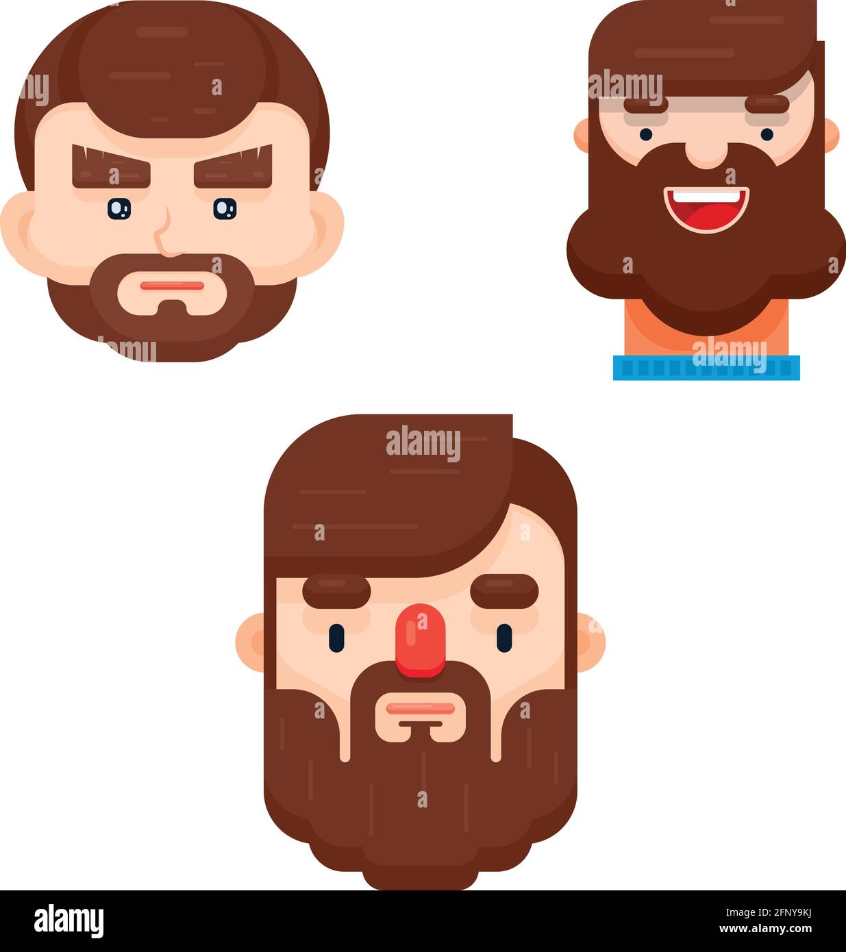 Set of three flat design man face with different hairstyle, beard and mustache. Vector illustration in cartoon Isolated on white background. Stock Vector