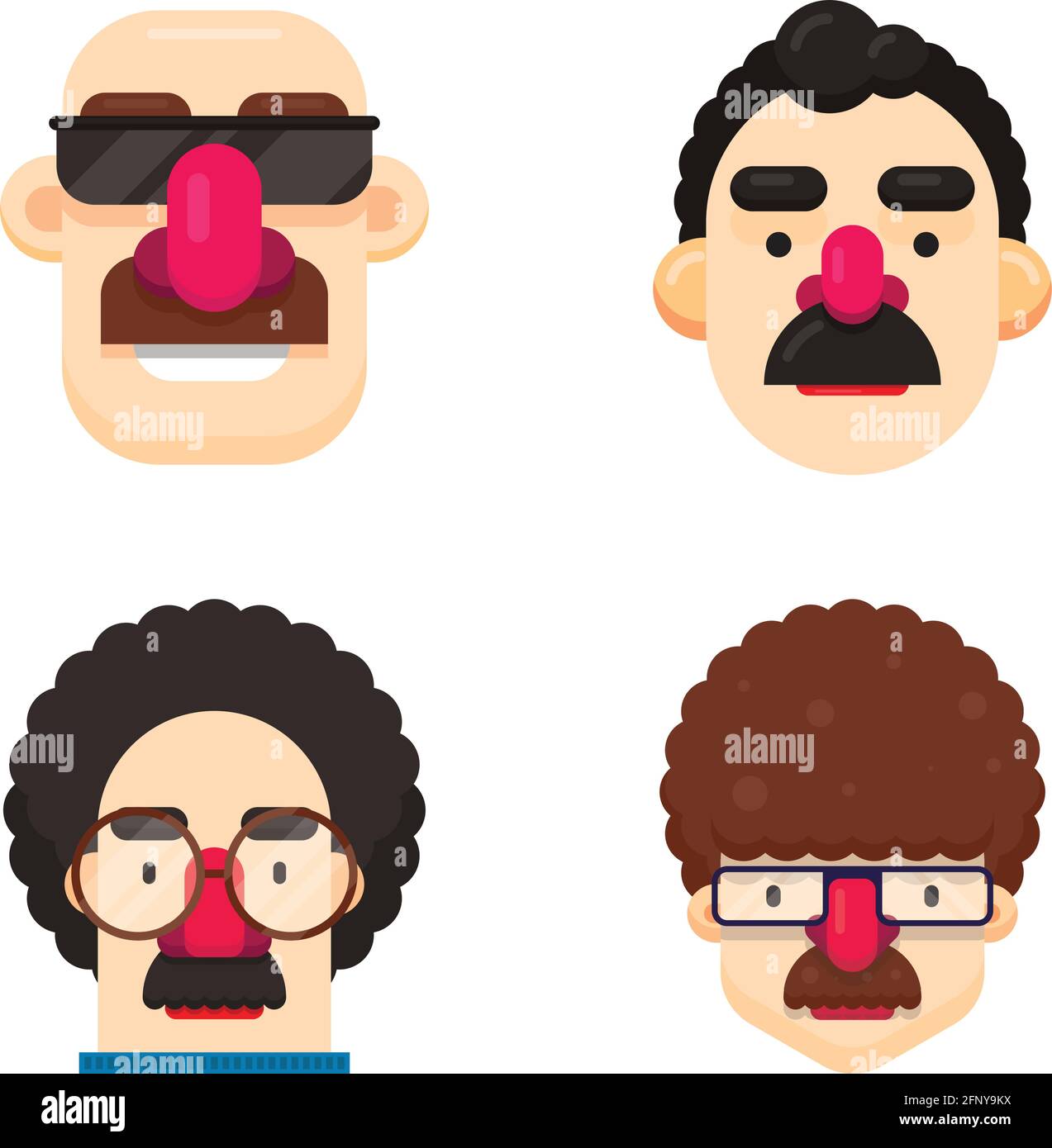 Set of four Men faces with different hairstyle and mustache. Flat Design Isolated vector illustration. Stock Vector