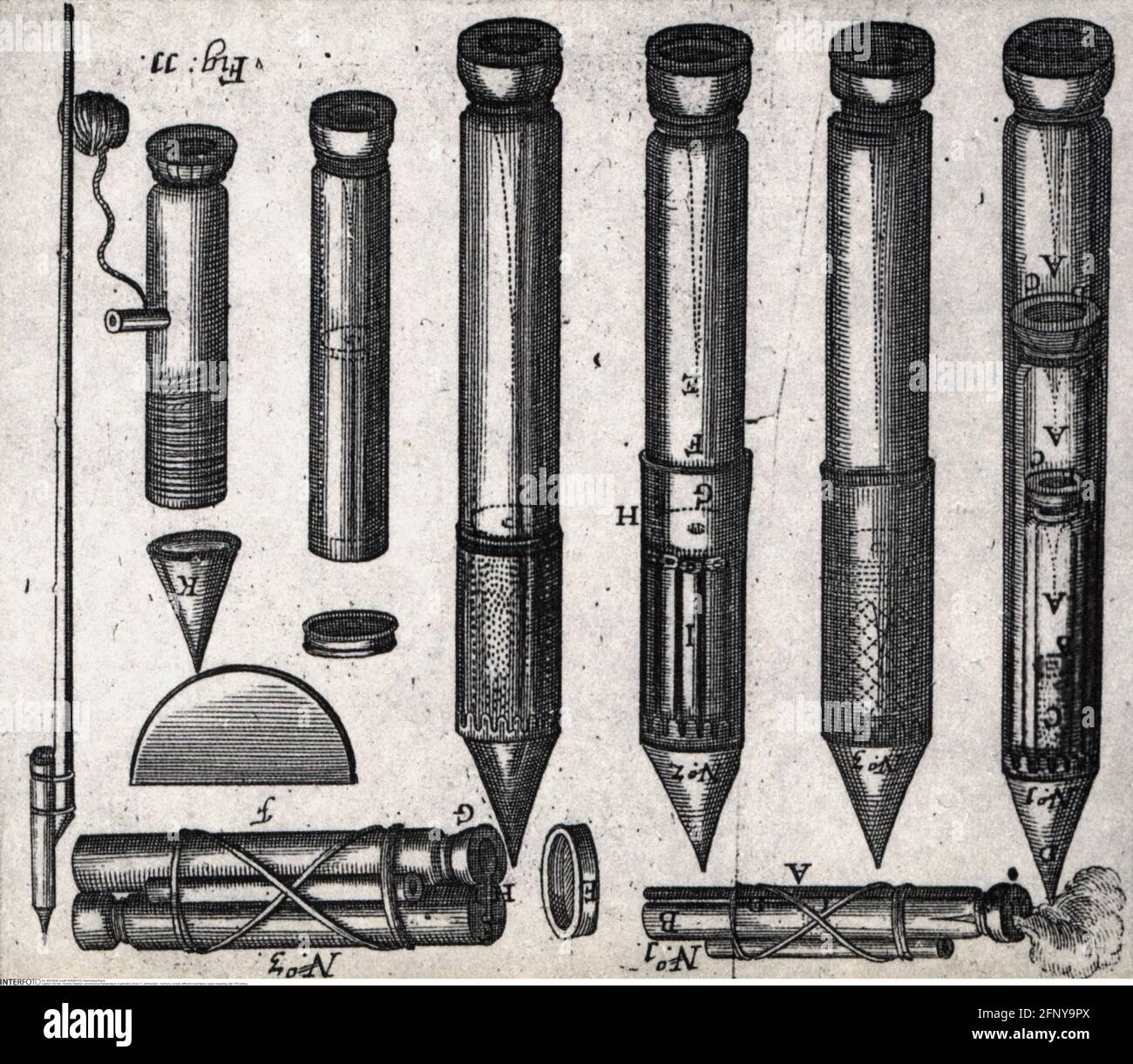 technics, rockets, different rocket types, copper engraving, late 17th century, ADDITIONAL-RIGHTS-CLEARANCE-INFO-NOT-AVAILABLE Stock Photo