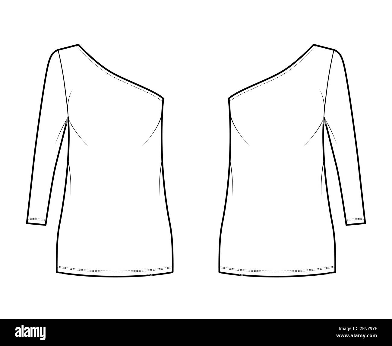 Dress one shoulder technical fashion illustration with long sleeve, oversized body, mini length pencil skirt. Flat apparel front, back, white color style. Women, men unisex CAD mockup Stock Vector
