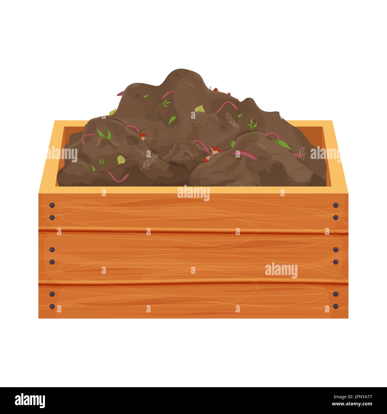 Compost pile with organic garbage and earthworms in wooden box in cartoon style isolated on white background. Recycle process, gardening. Vector illus Stock Vector