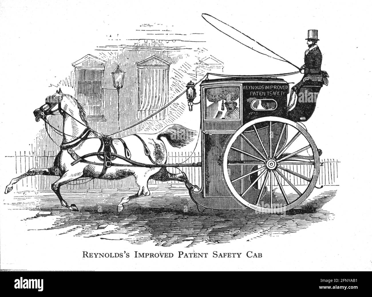 transport / transportation, coach, hackney carriage, Reynold's Improved Patent Safety Cab, wood engraving, ARTIST'S COPYRIGHT HAS NOT TO BE CLEARED Stock Photo