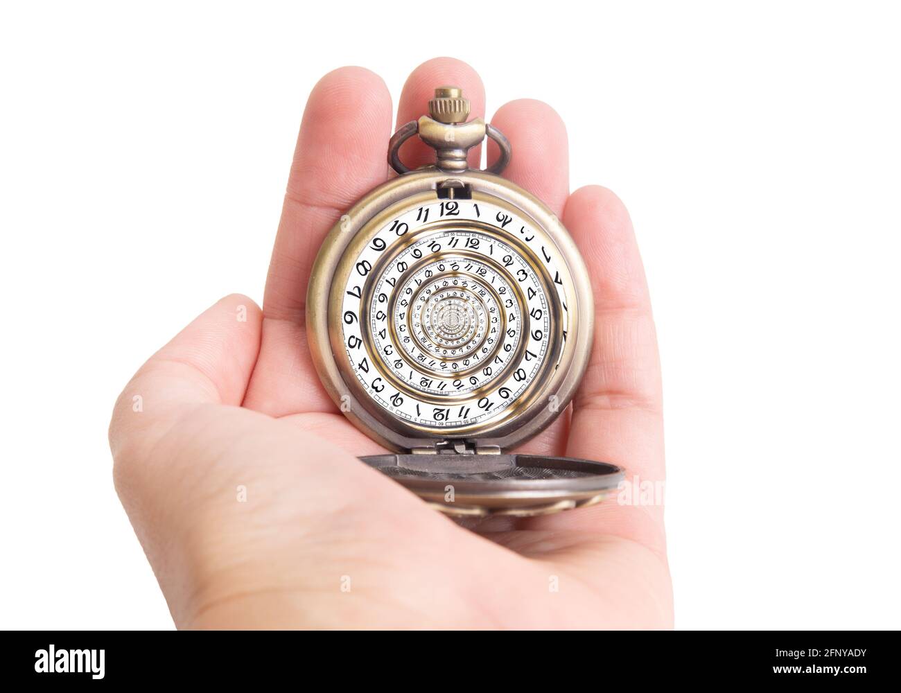 Human hand holding an antique pocket watch with a swirled watch face. Droste effect, creative time loop concept. Stock Photo