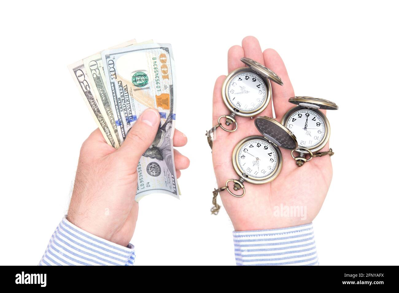 Crop view of male hands holding pocket watches in one hand and and dollar bills in the other isolated on white. Time investment concept. Stock Photo