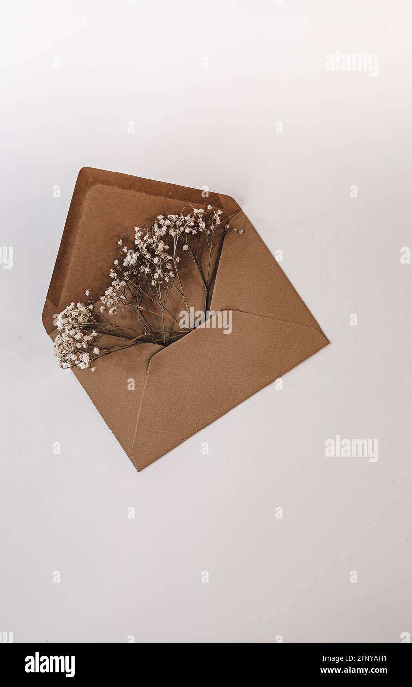 Brown envelop filled with flowers for wedding, birthday, or graduation. Mood and lifestyle pictures for Instagram and Pinterest Stock Photo