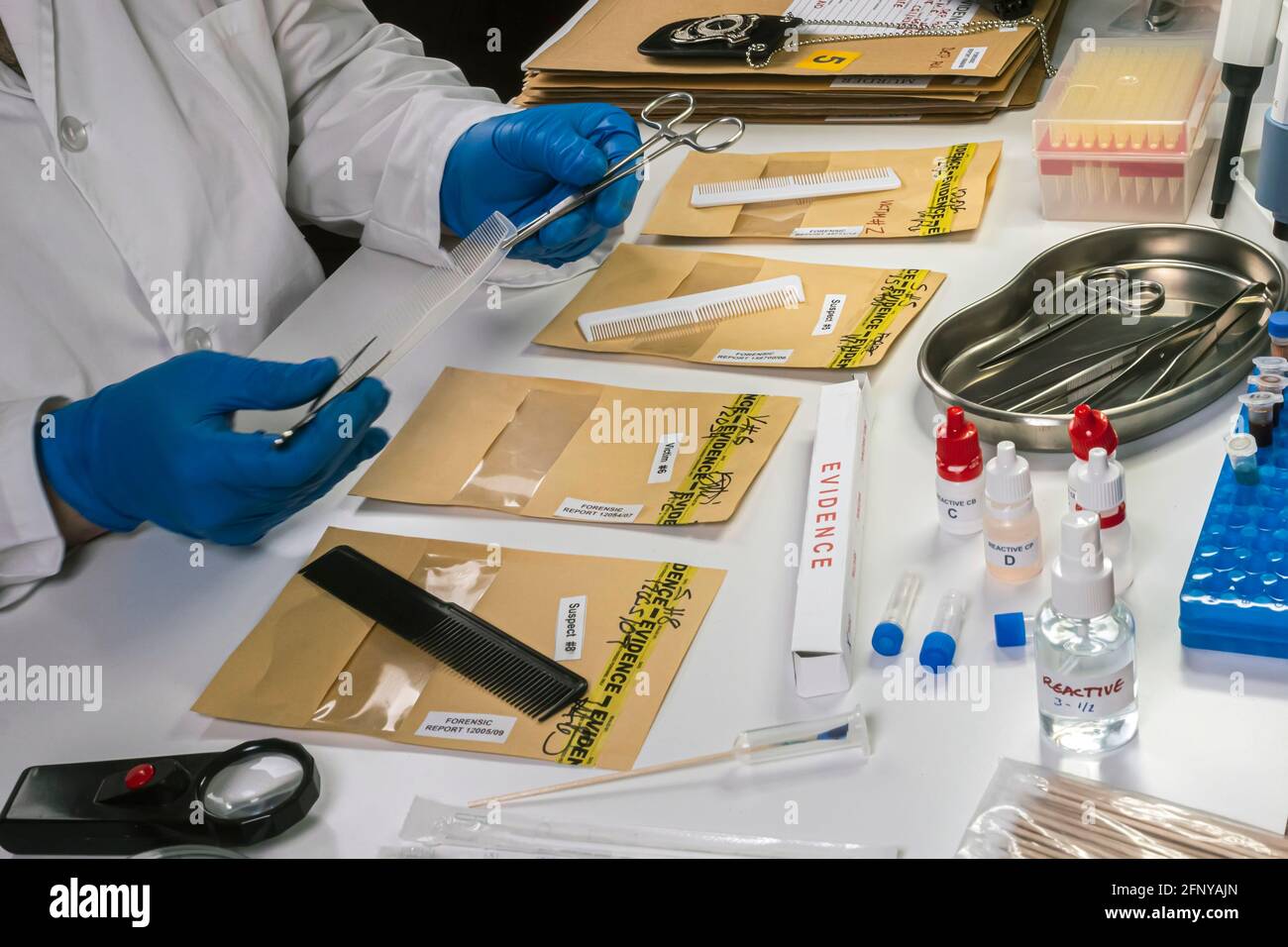 Specialized police take comb hair to take DNA from murder victim, conceptual image Stock Photo