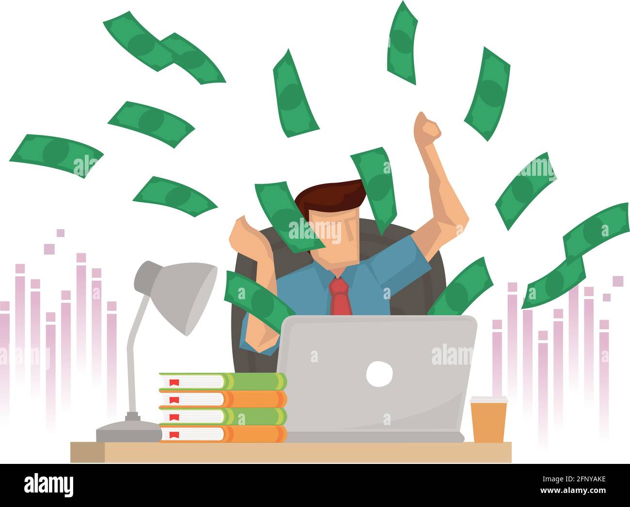 Businessman on his working desk with his laptop and winning plenty of money. Flat character vector illustration. Stock Vector