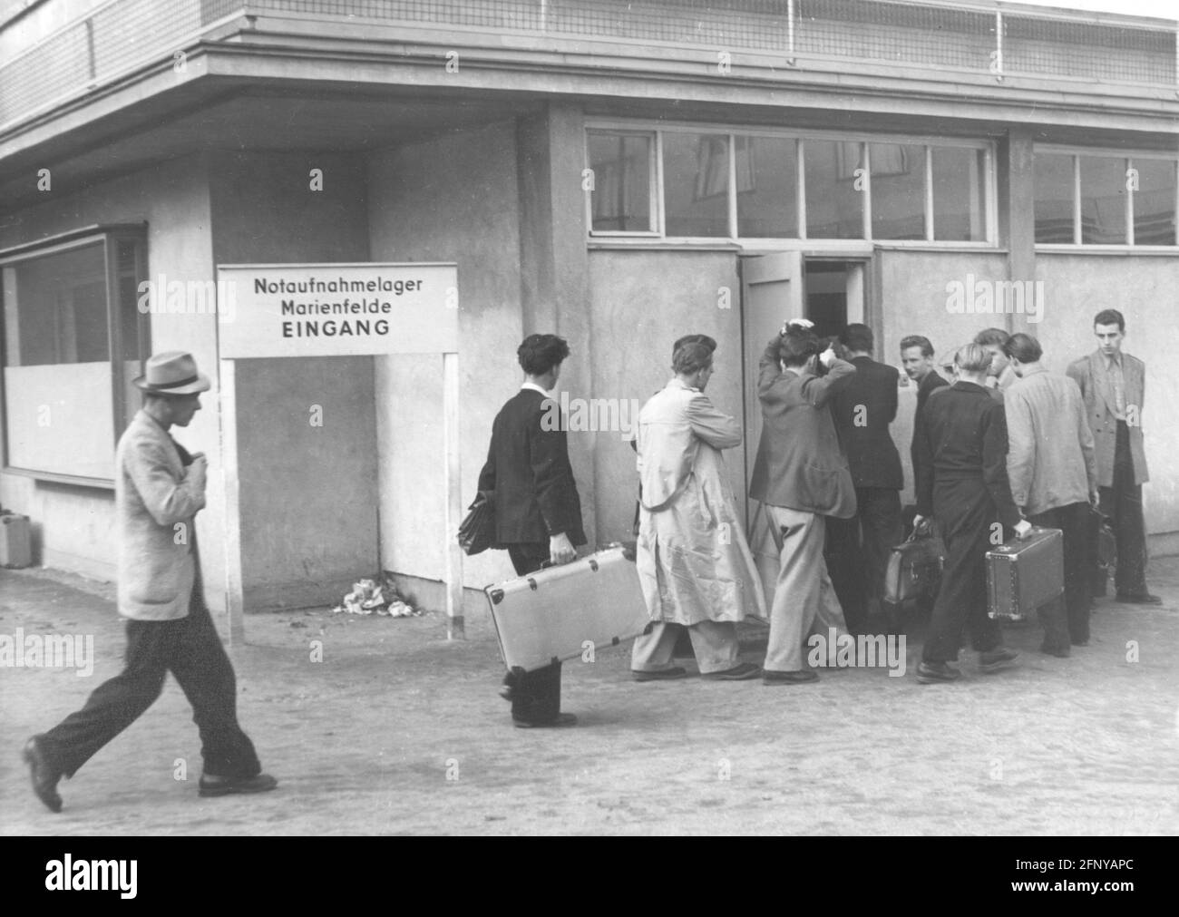 people, refugees, from the GDR, entrance, Camp Marienfelde, West Berlin, 3.10.1955, ADDITIONAL-RIGHTS-CLEARANCE-INFO-NOT-AVAILABLE Stock Photo