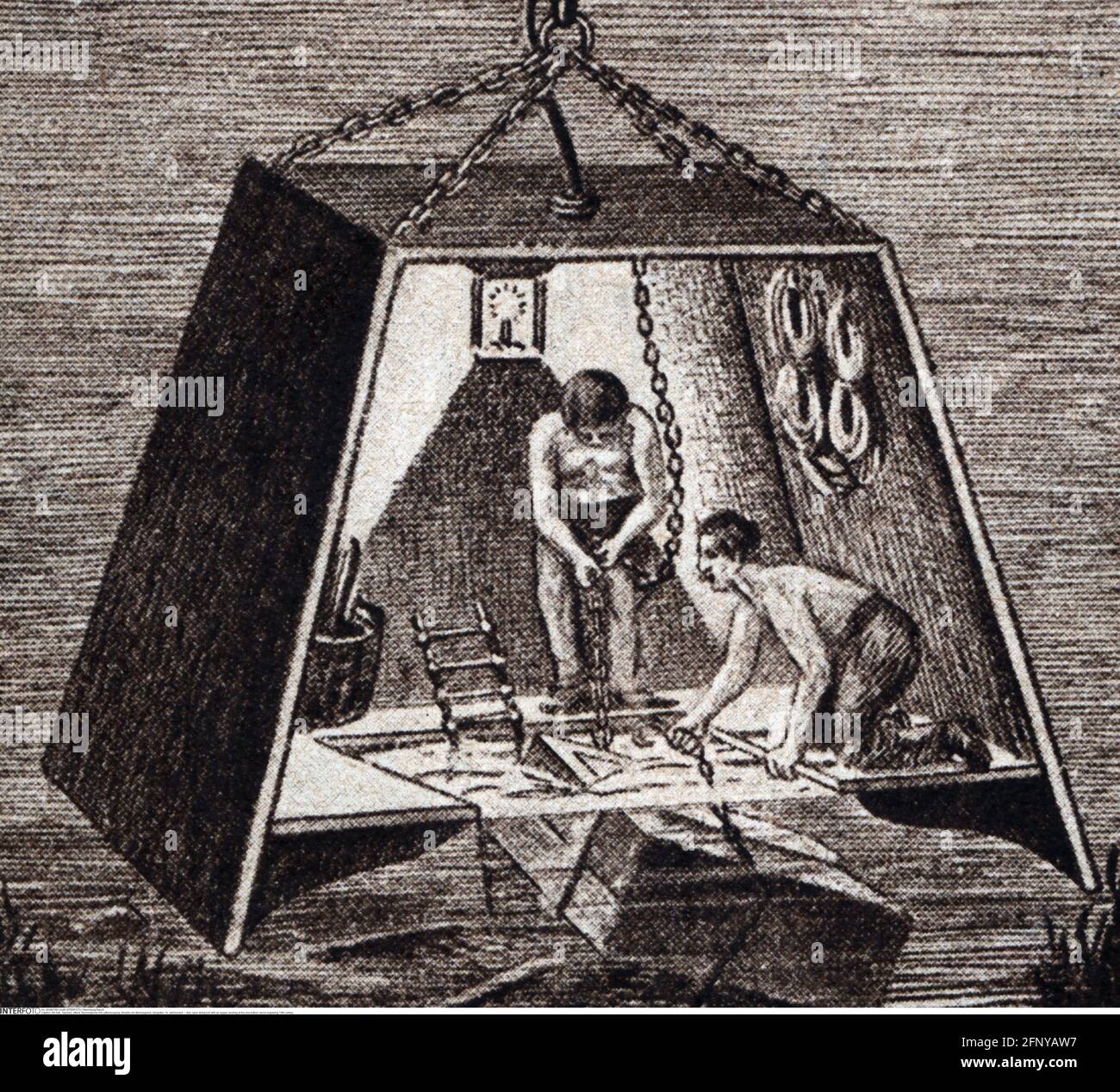 dive, open diving bell with air supply, working at the sea bottom, wood engraving, 19th century, ADDITIONAL-RIGHTS-CLEARANCE-INFO-NOT-AVAILABLE Stock Photo