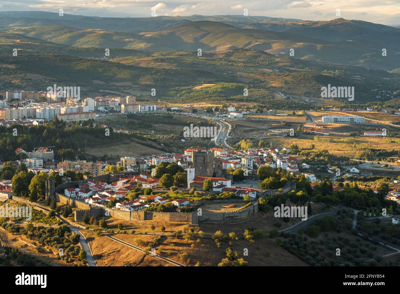 Panoramic view of the medieval citadel of Bragança at sunset, Portugal Stock Photo