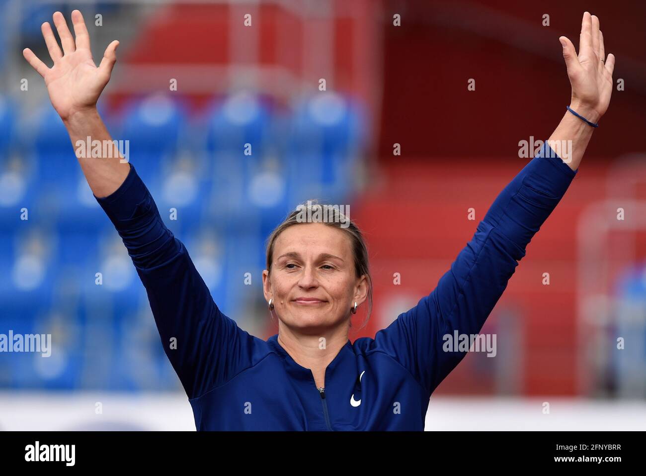 Czech javelin thrower Barbora Spotakova gestures at the athletics Zlata