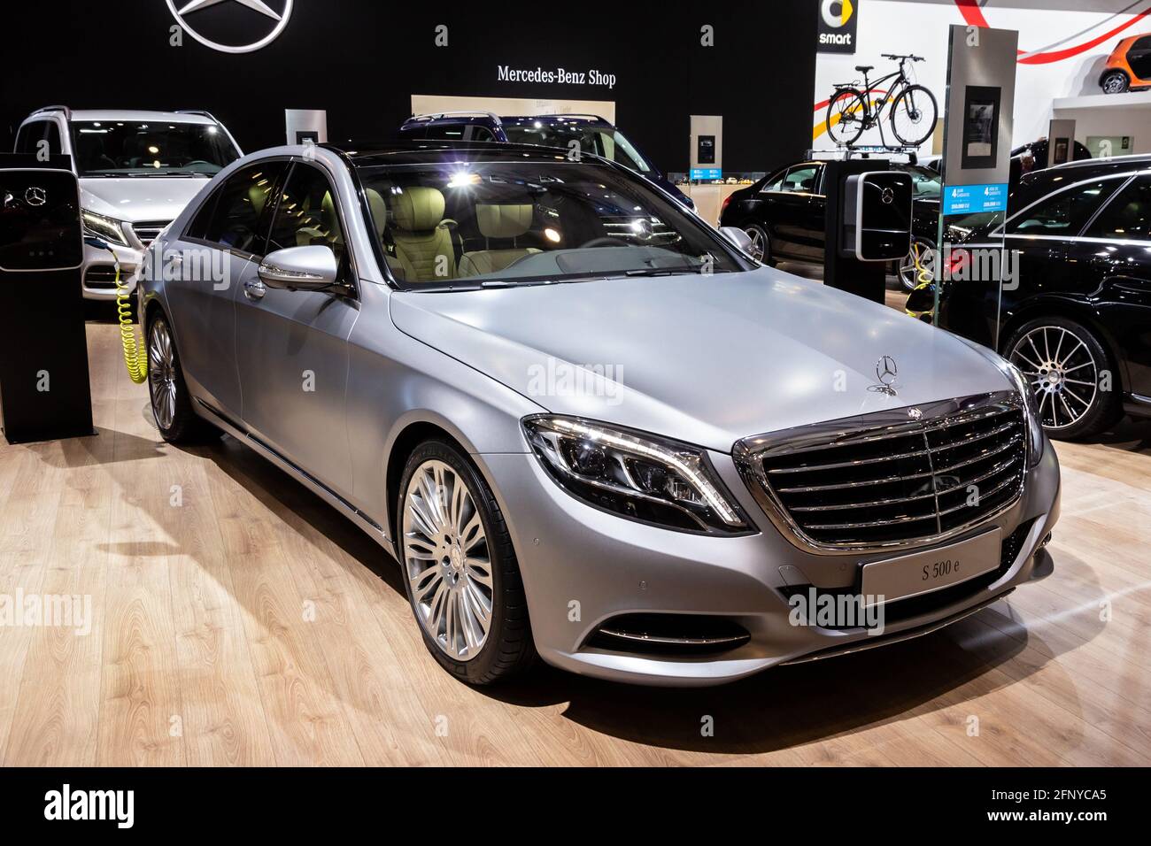 Mercedes Benz S 500 e plug-in hybrid car at the Brussels Expo Autosalon motor show. Belgium - January 12, 2016 Stock Photo
